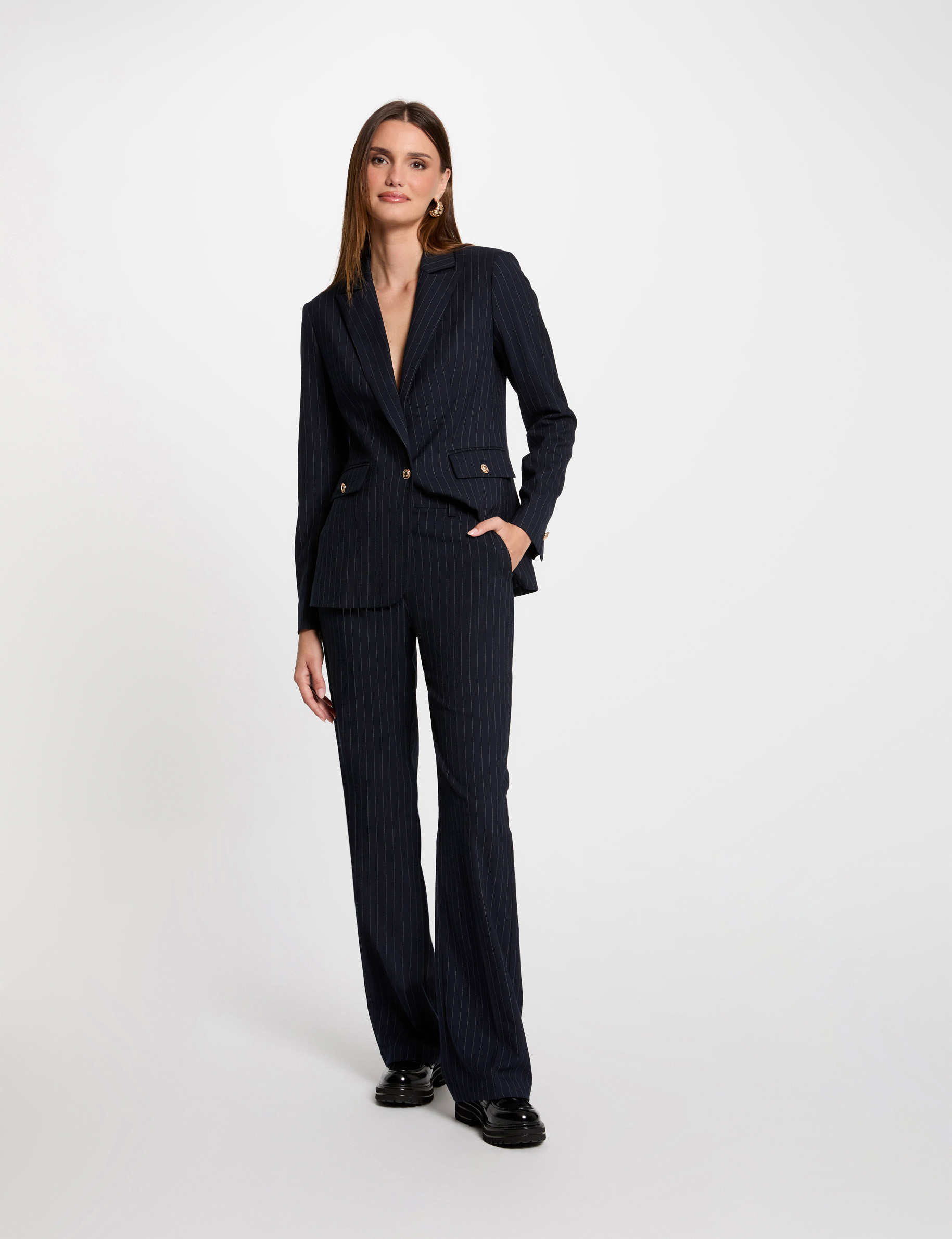 flare trousers with stripes navy blue women Flare trousers with stripes navy blue women
