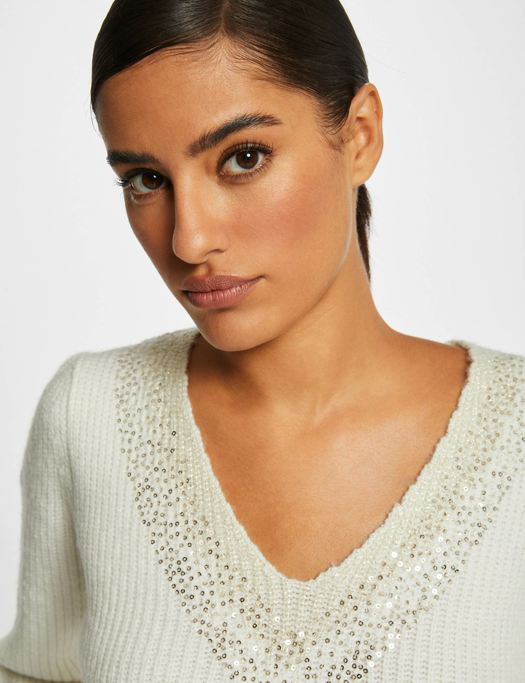 Long-sleeved jumper rhinestones details ecru ladies' Long-sleeved jumper rhinestones details ecru ladies'