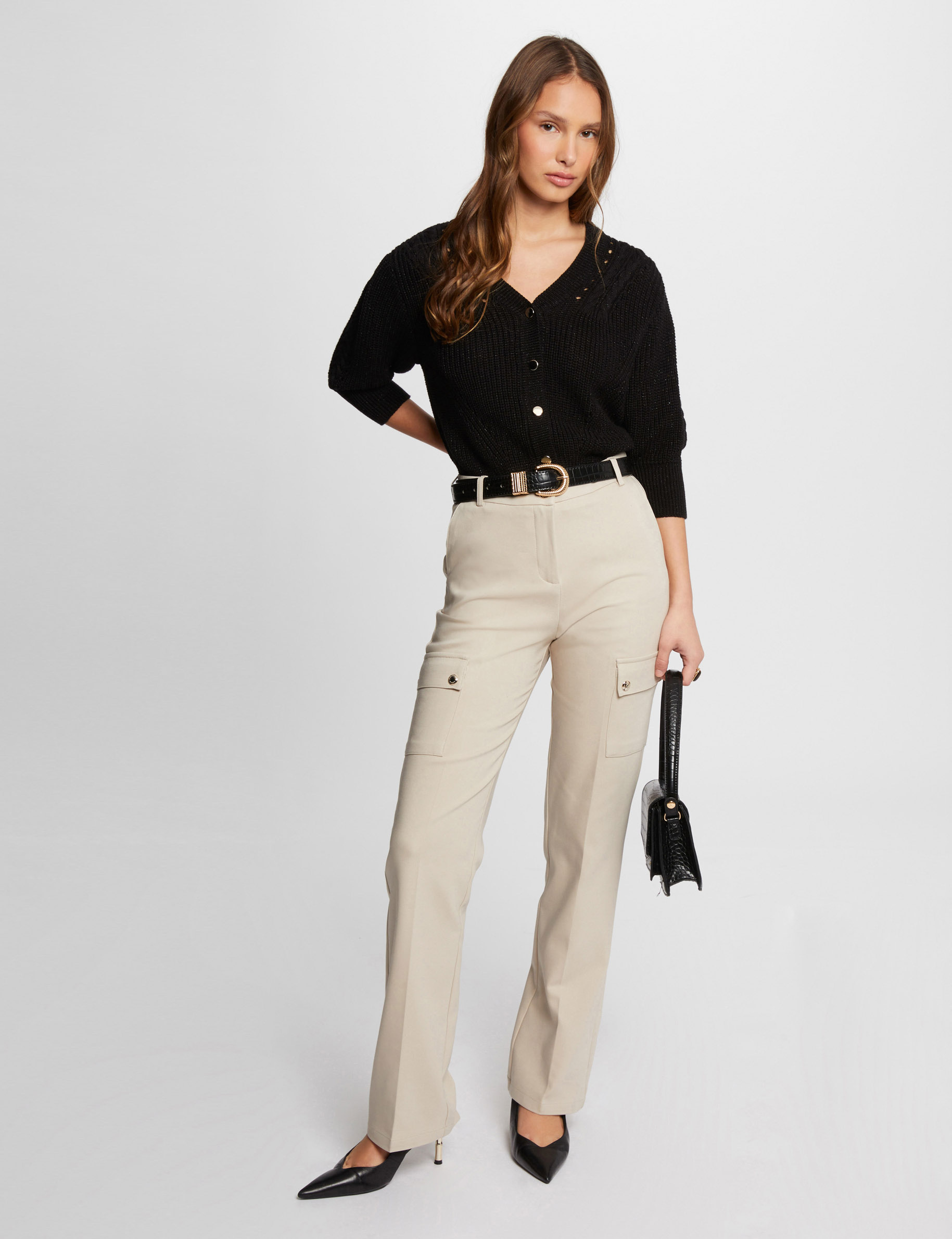 3/4-length sleeved cardigan black ladies'