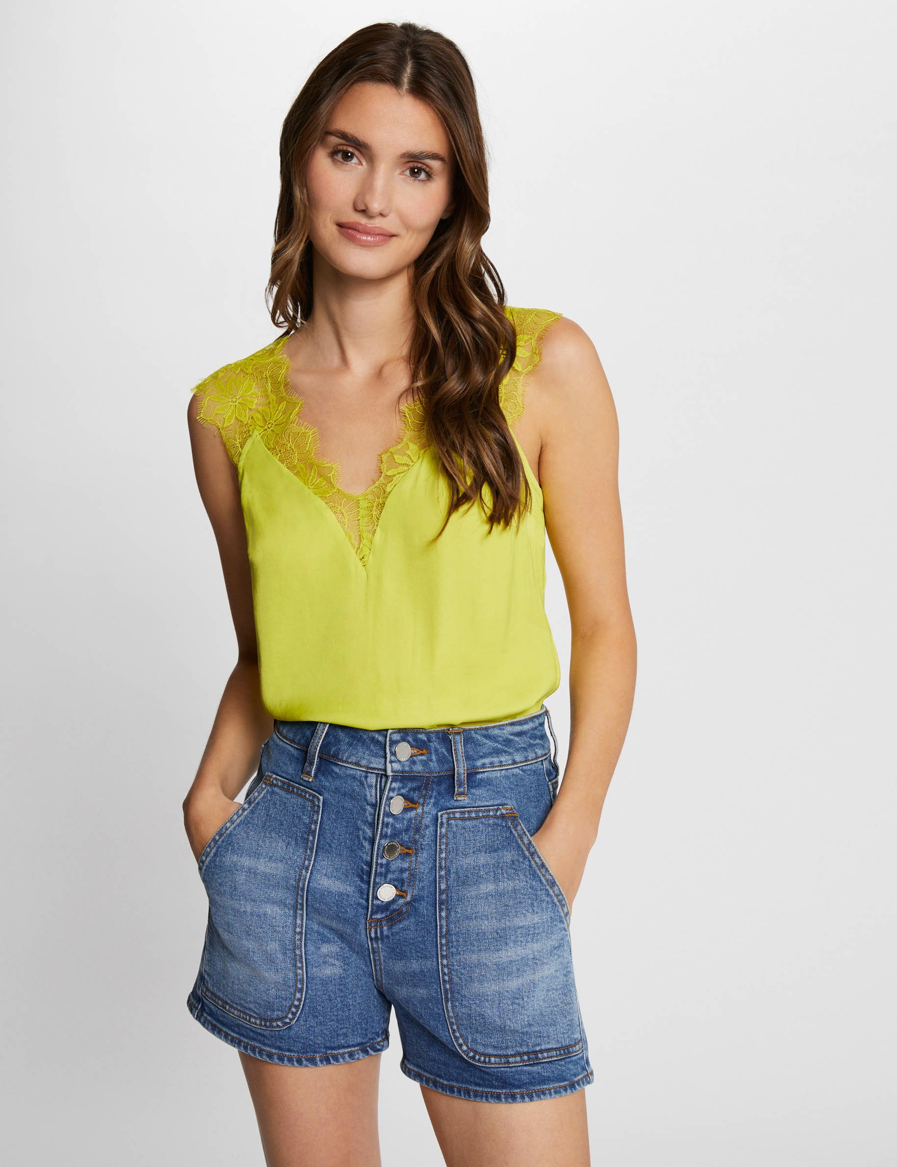 wide strap lace blouse medium yellow women Wide-strap lace blouse medium yellow women