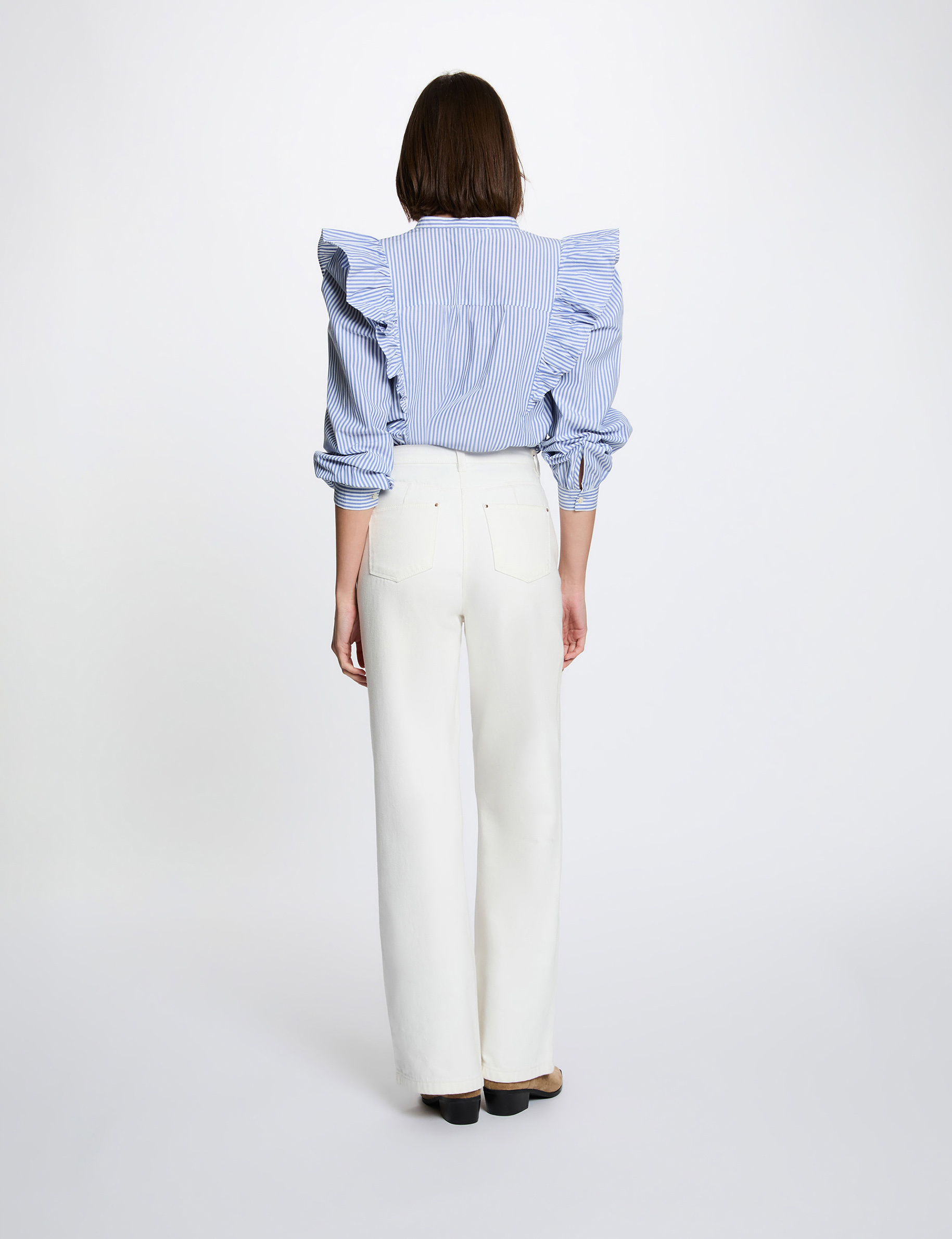 Striped shirt with mandarin collar sky blue women