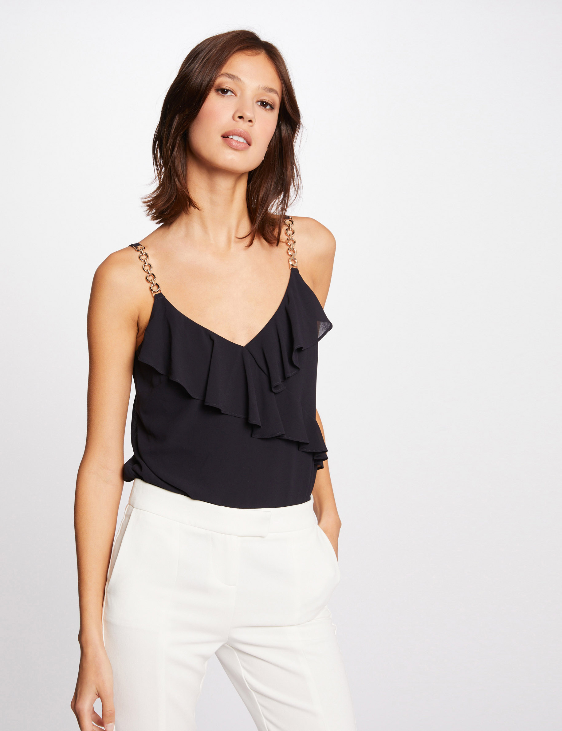 Vest top with thin straps and ruffles navy ladies'