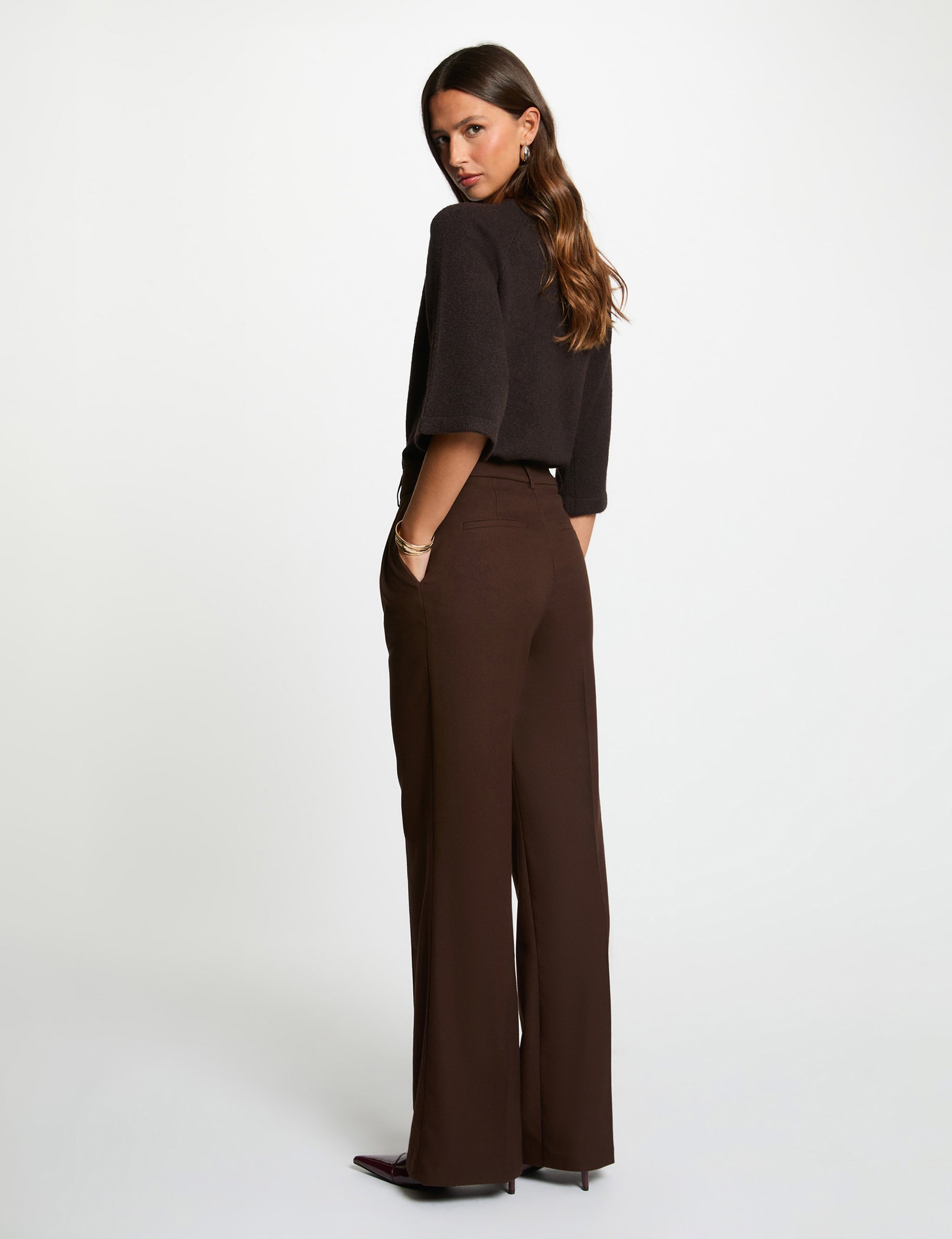high waisted wide leg trousers dark brown women High-waisted wide-leg trousers dark brown women