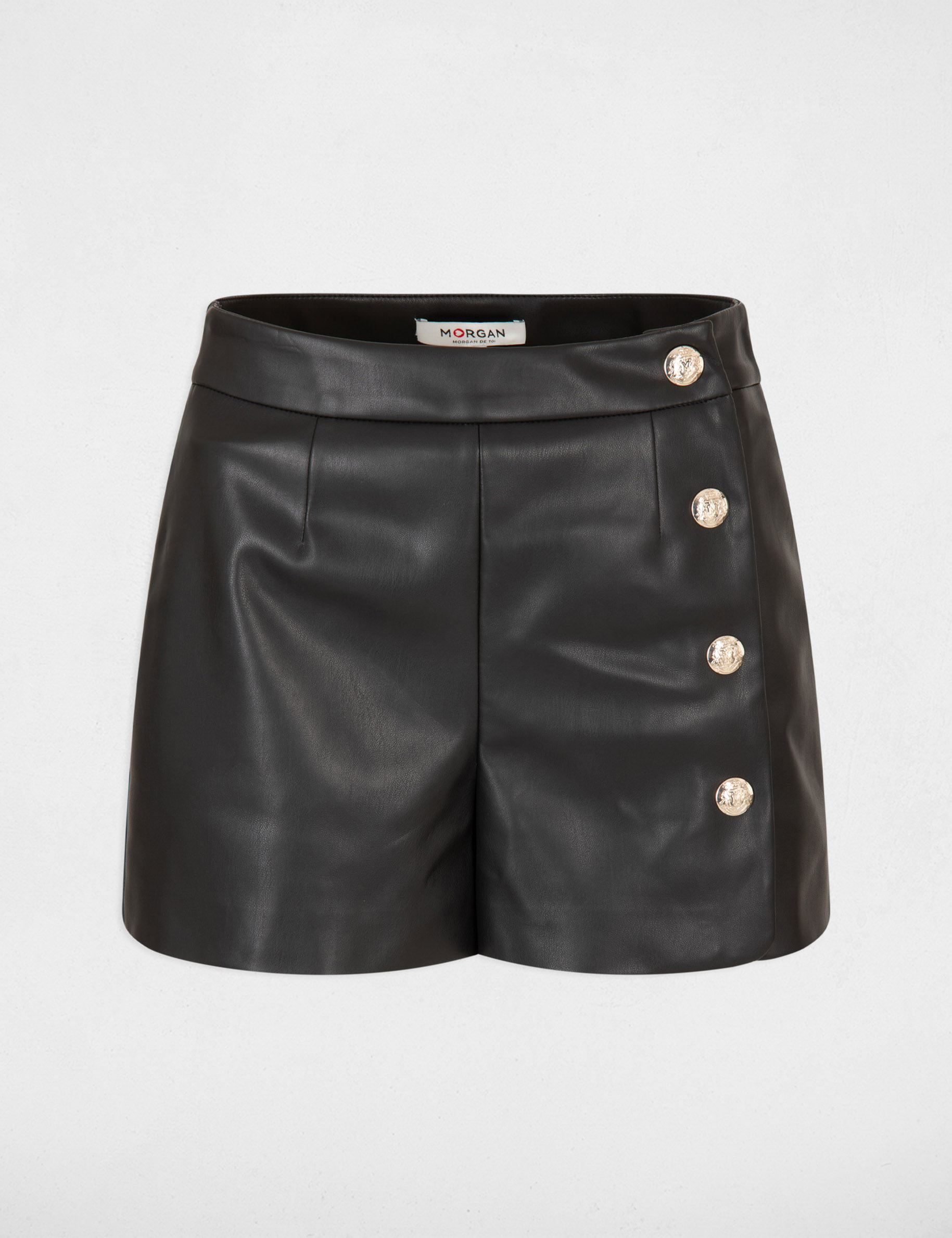 Loose faux leather shorts with buttons black women Morgan