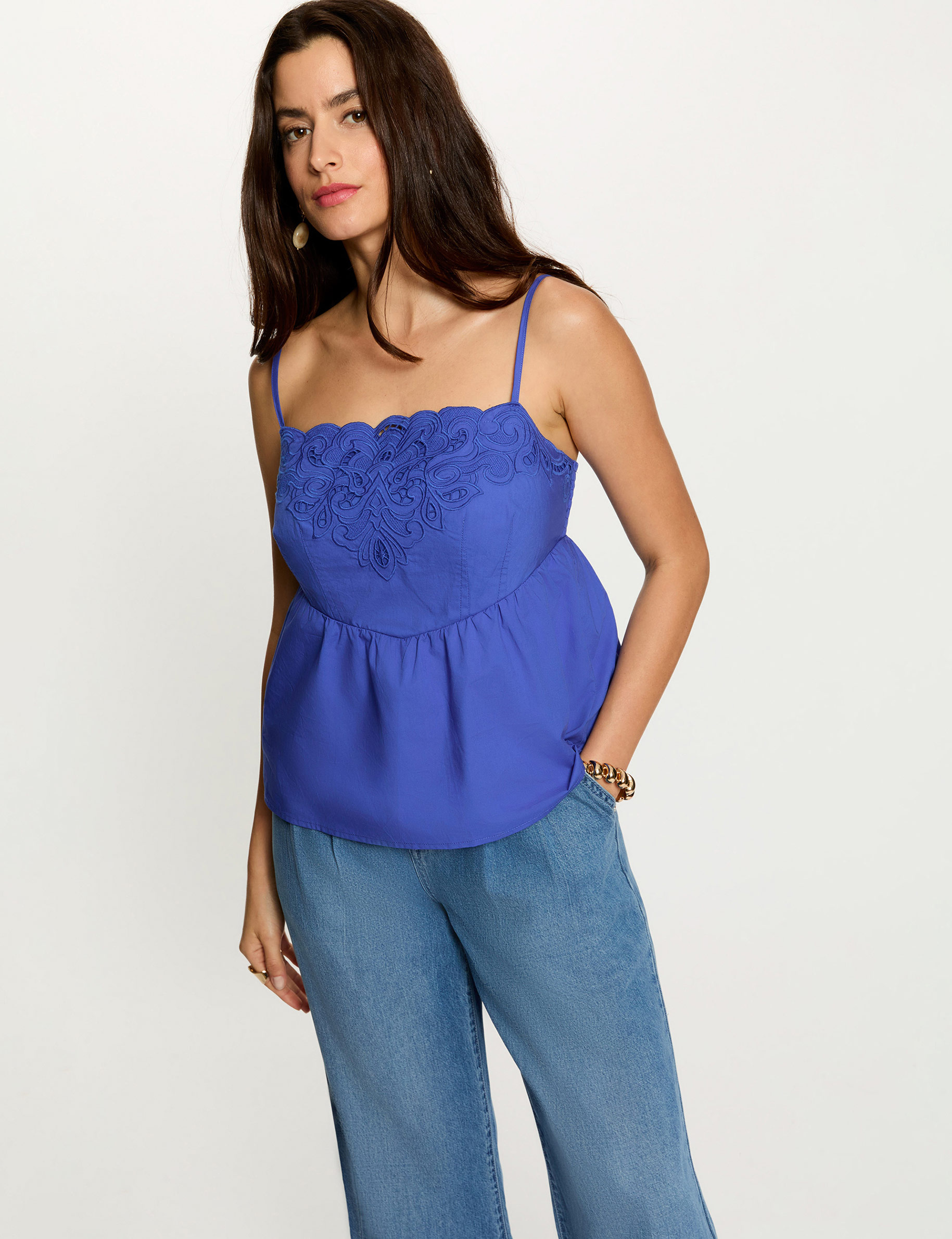 Embroidered top with thin straps blue women