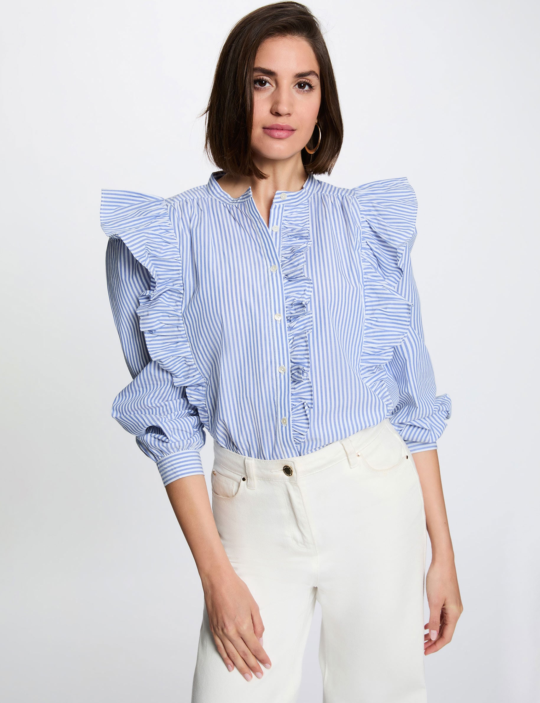 Striped shirt with mandarin collar sky blue women