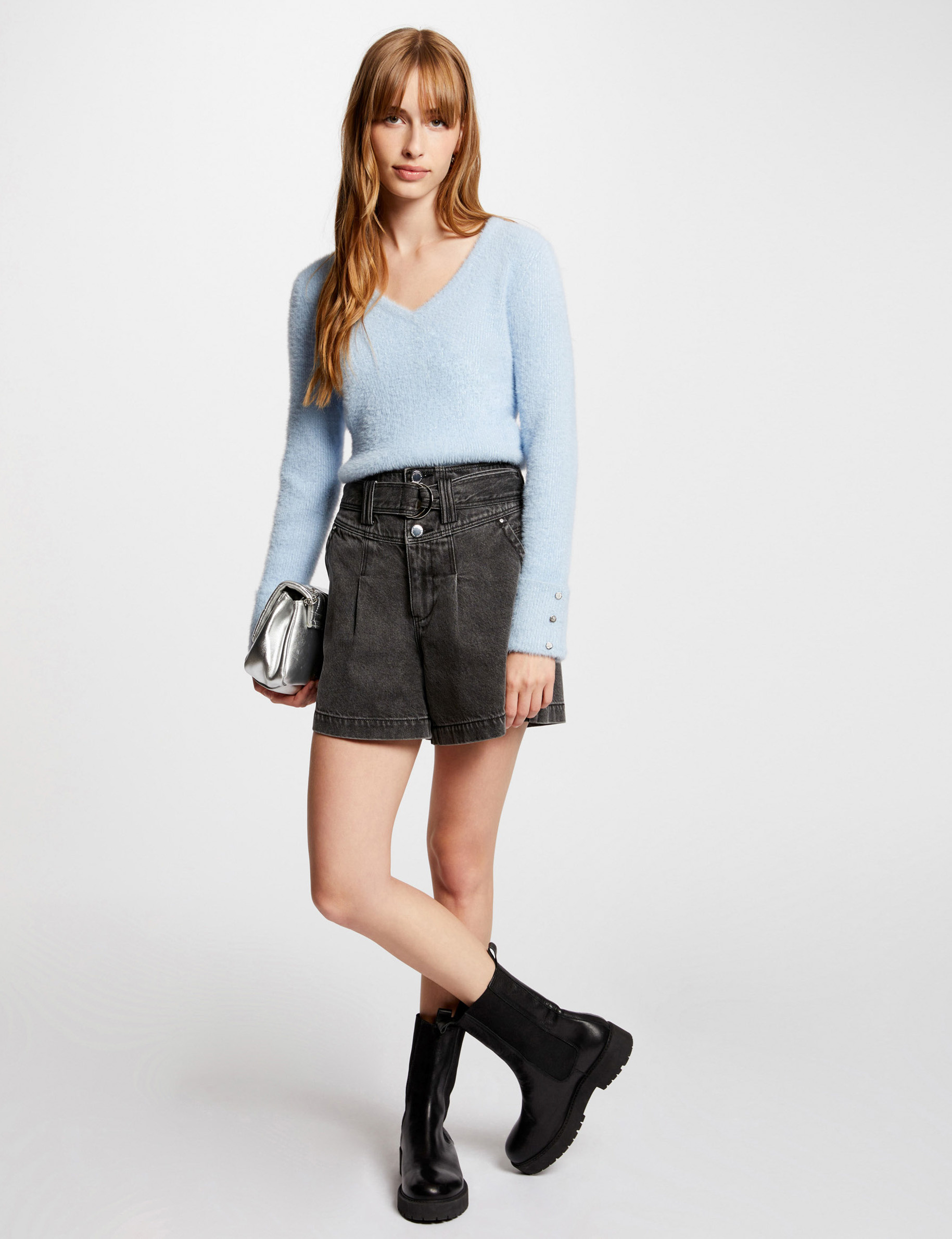 long sleeved jumper with v neck blue women Long-sleeved jumper with V-neck blue women