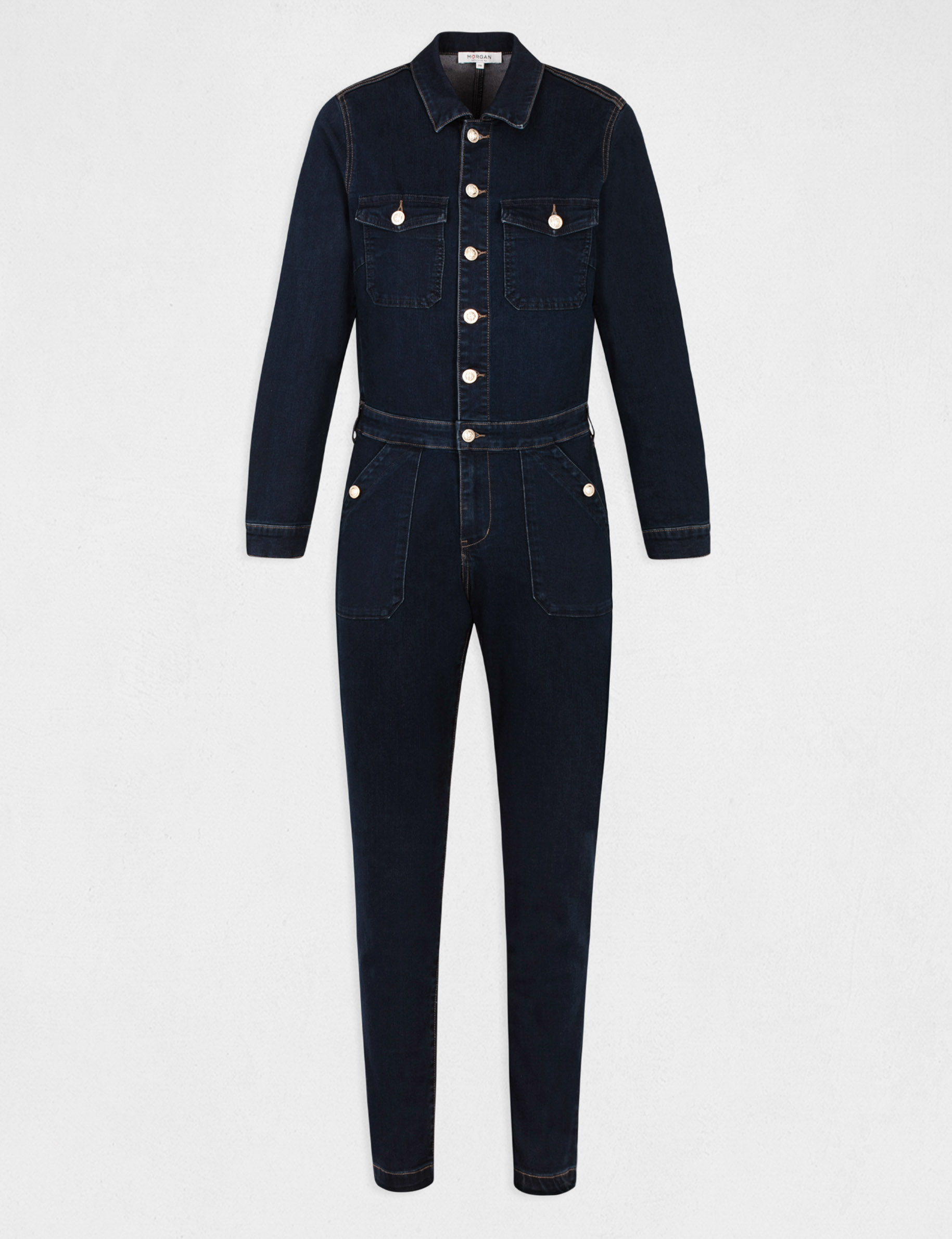 Straight buttoned denim jumpsuit raw denim ladies' Straight buttoned denim jumpsuit raw denim ladies'