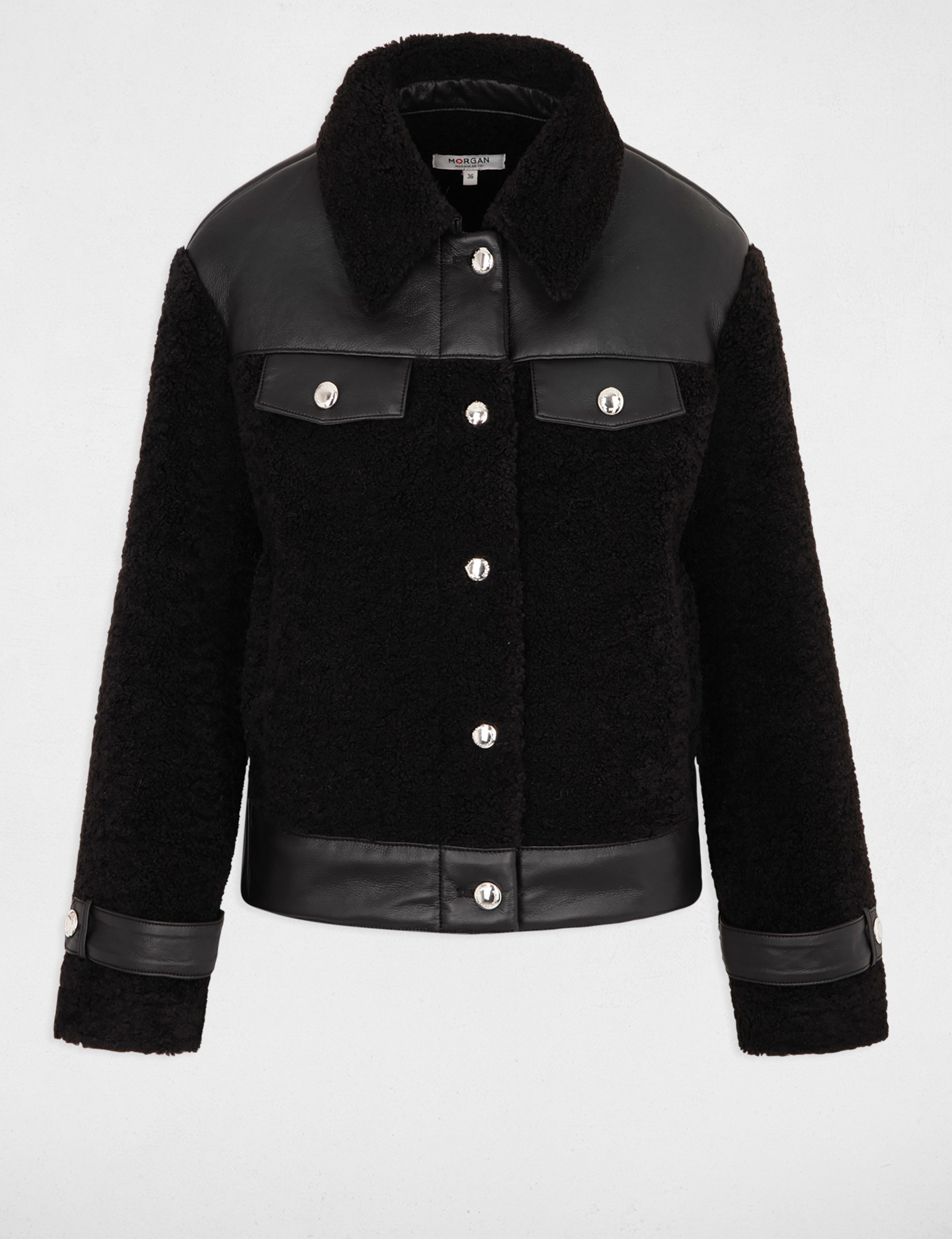 coat faux leather details black women Coat faux leather details black women