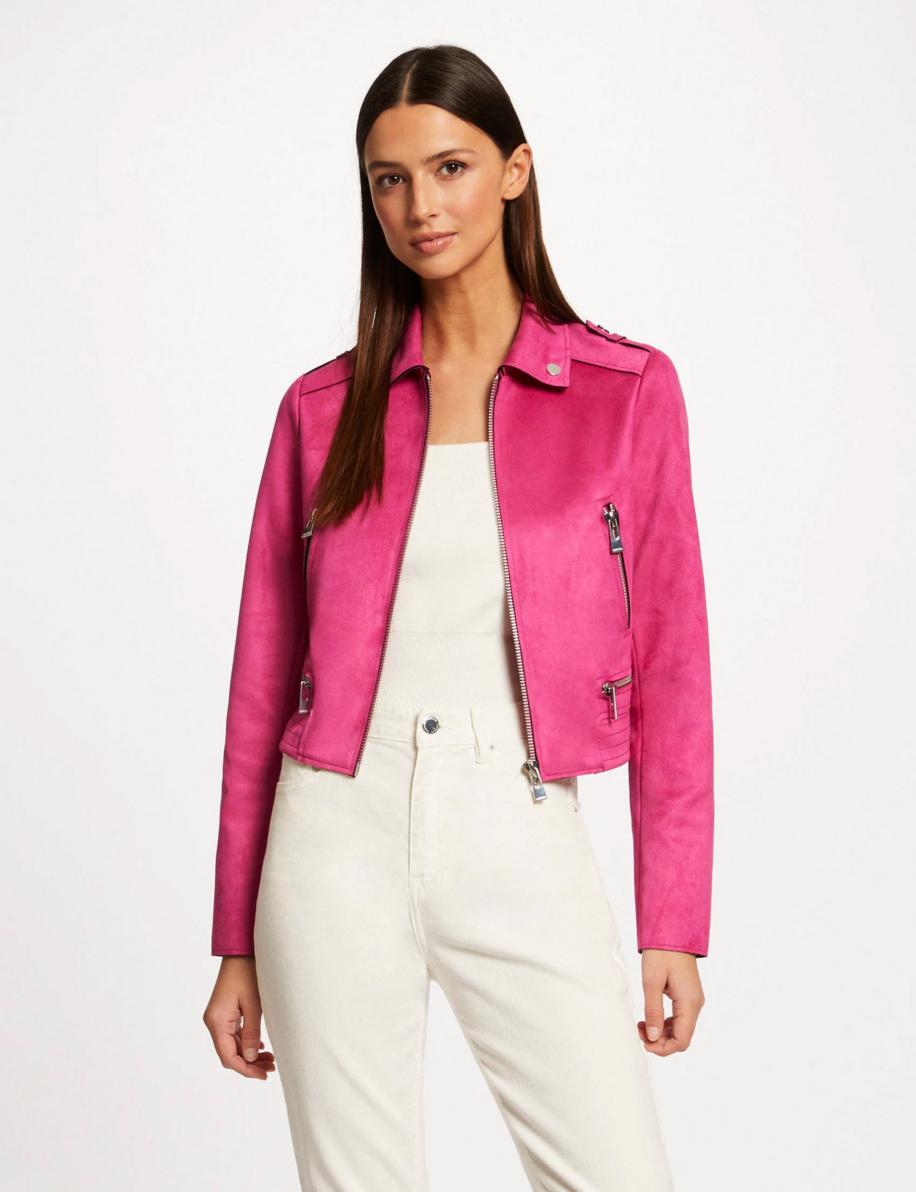 Straight jacket with suede effect raspberry ladies'