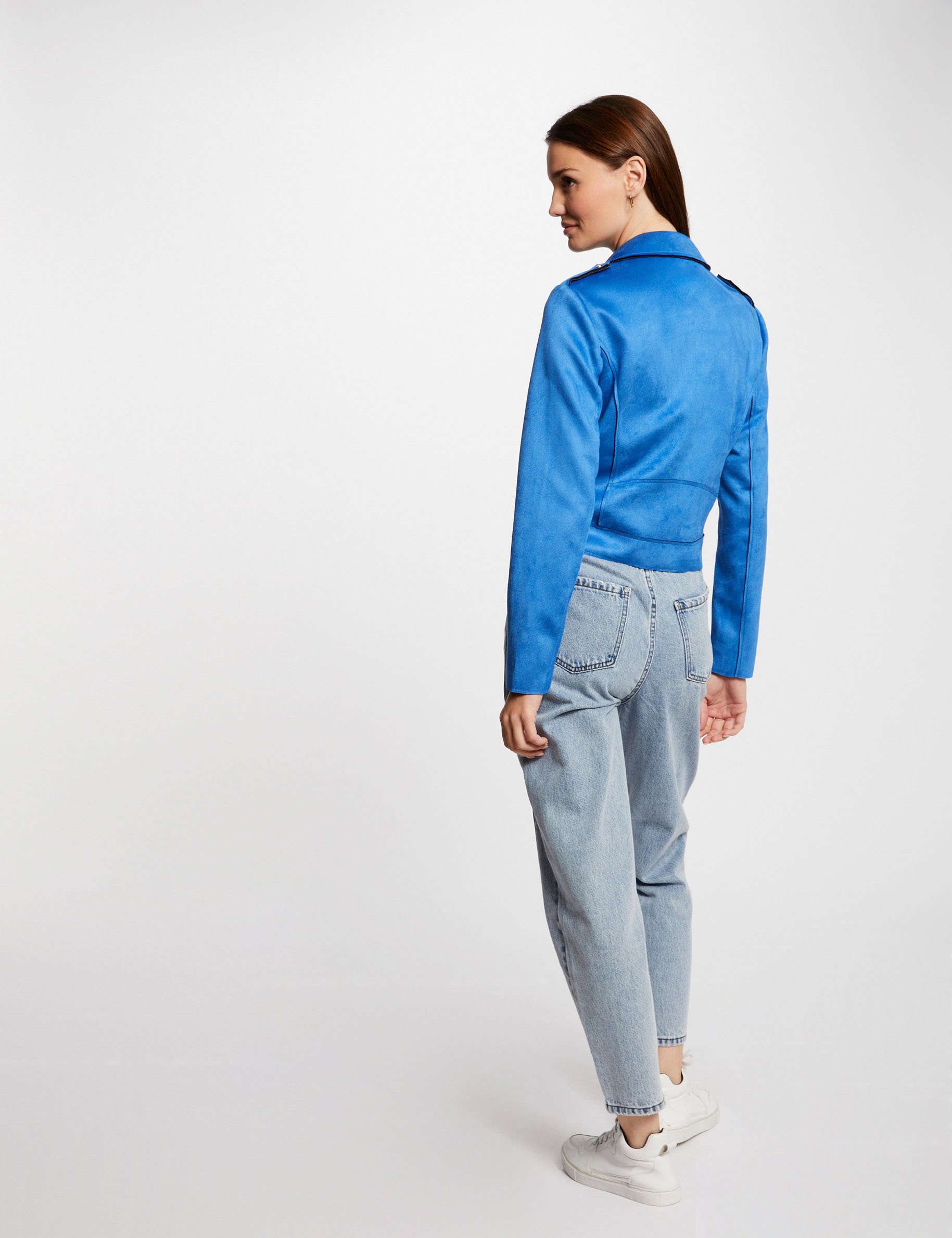 Zipped short suede jacket blue women