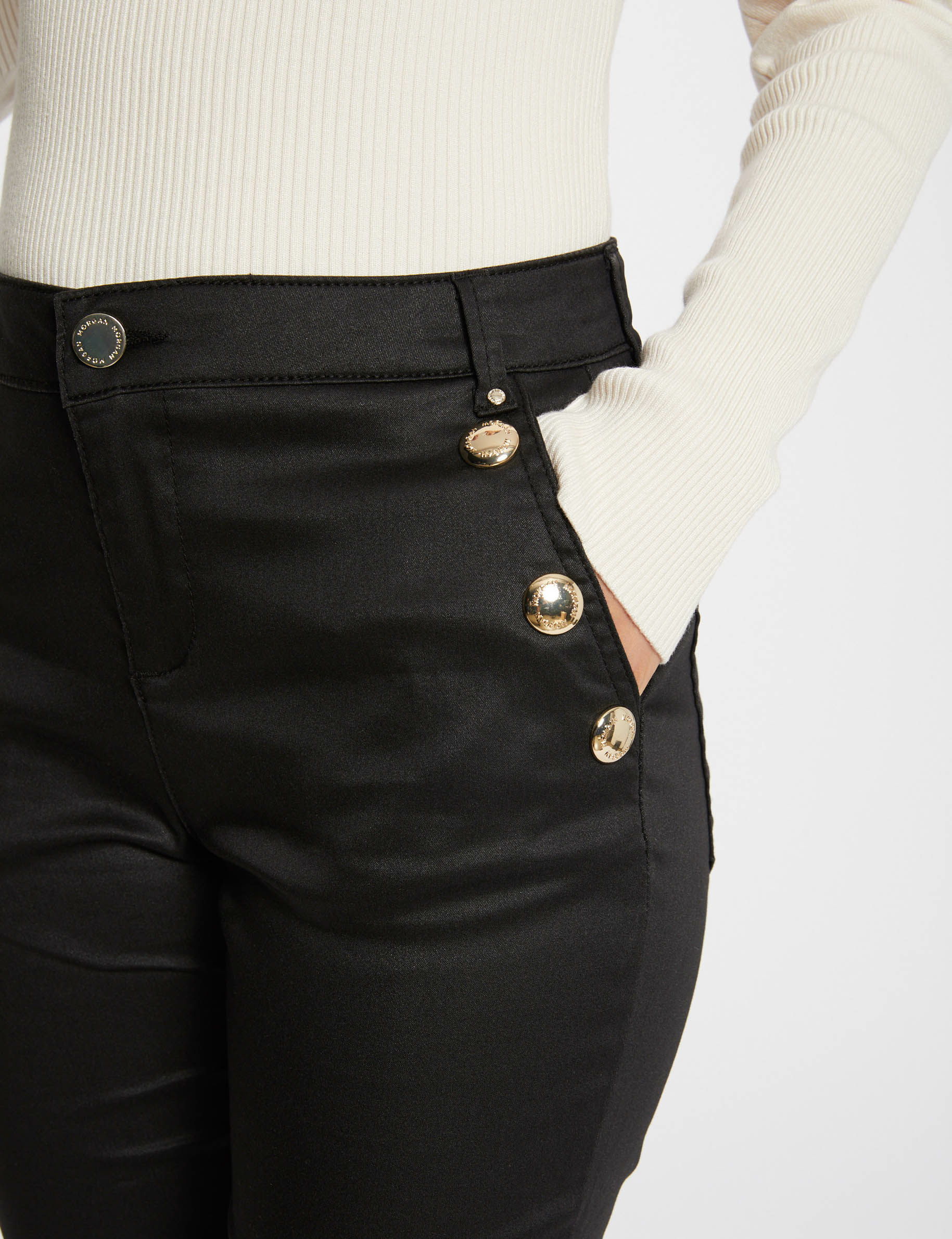 Slim trousers wet effect with buttons black ladies'
