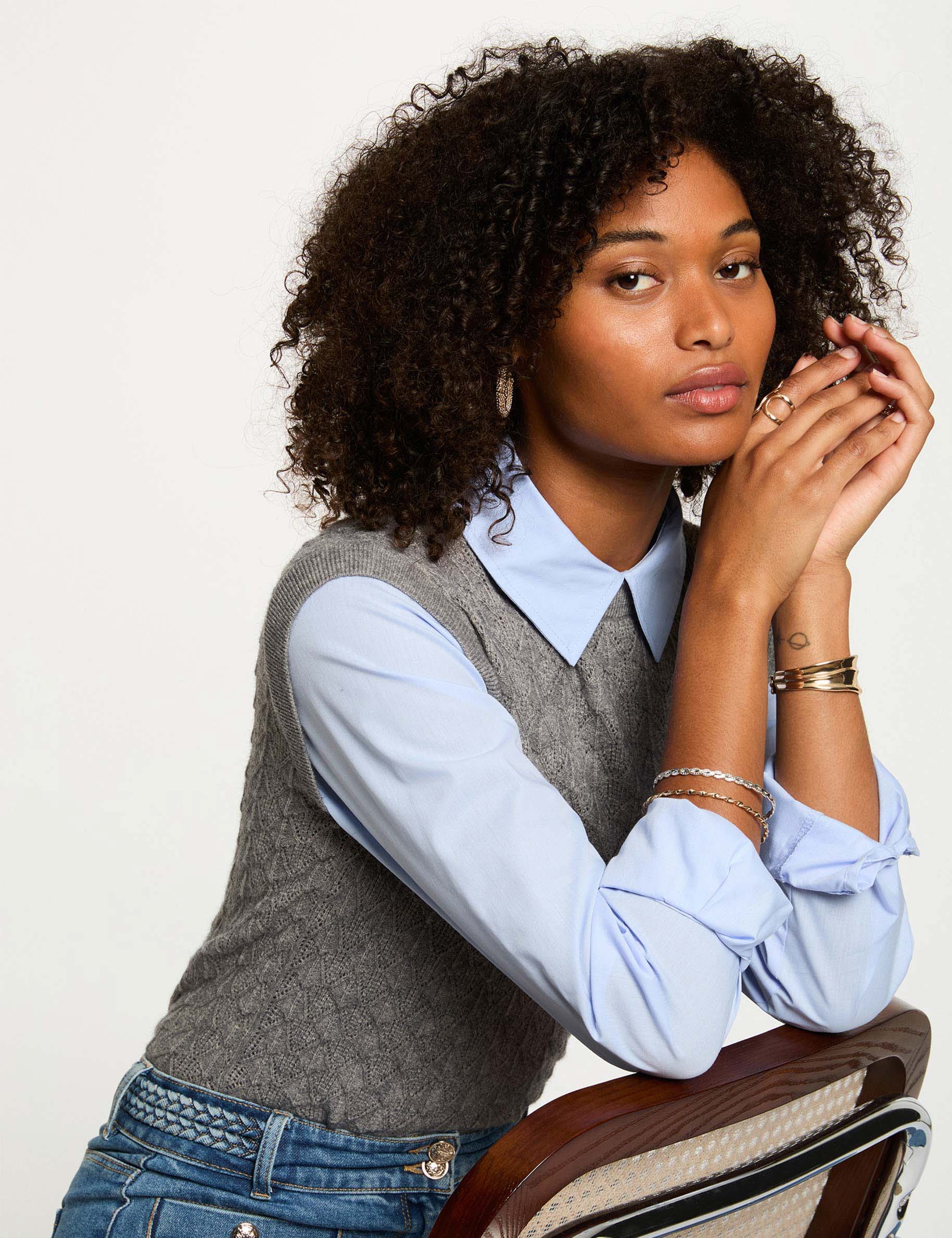 Sweater with shirt-style collar light grey women