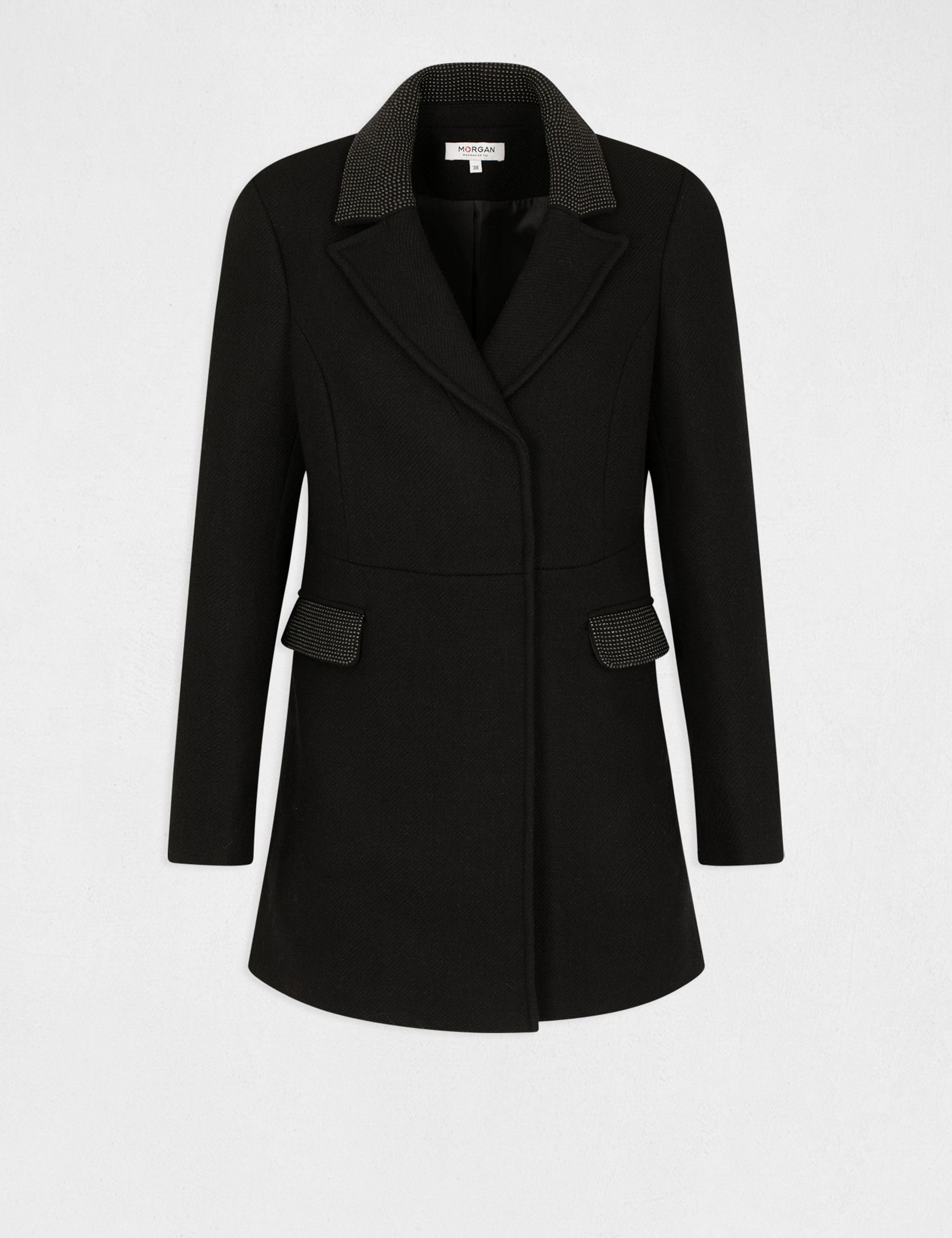 Loose coat with collar with studs black ladies'