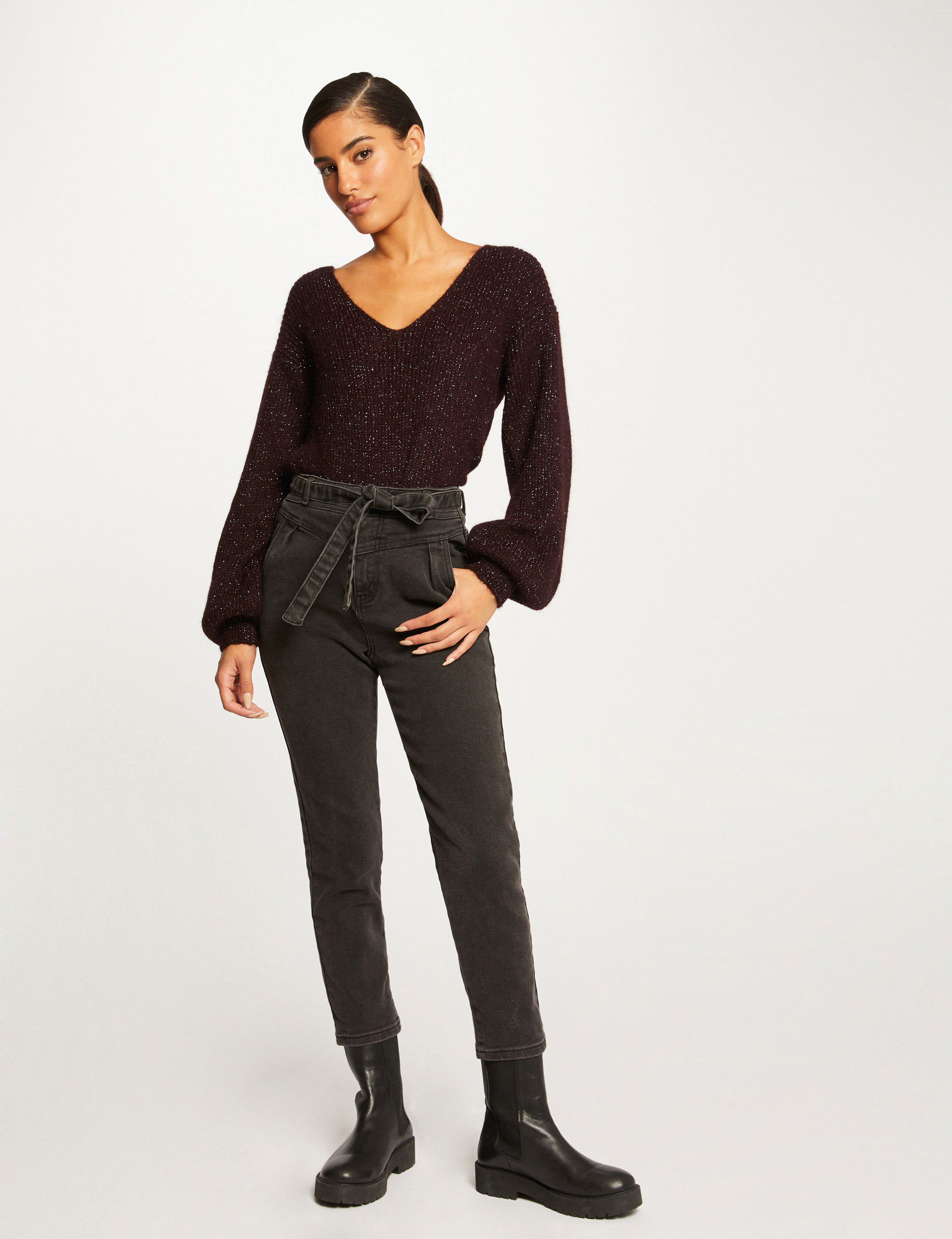 Long-sleeved jumper with V-neck plum ladies'