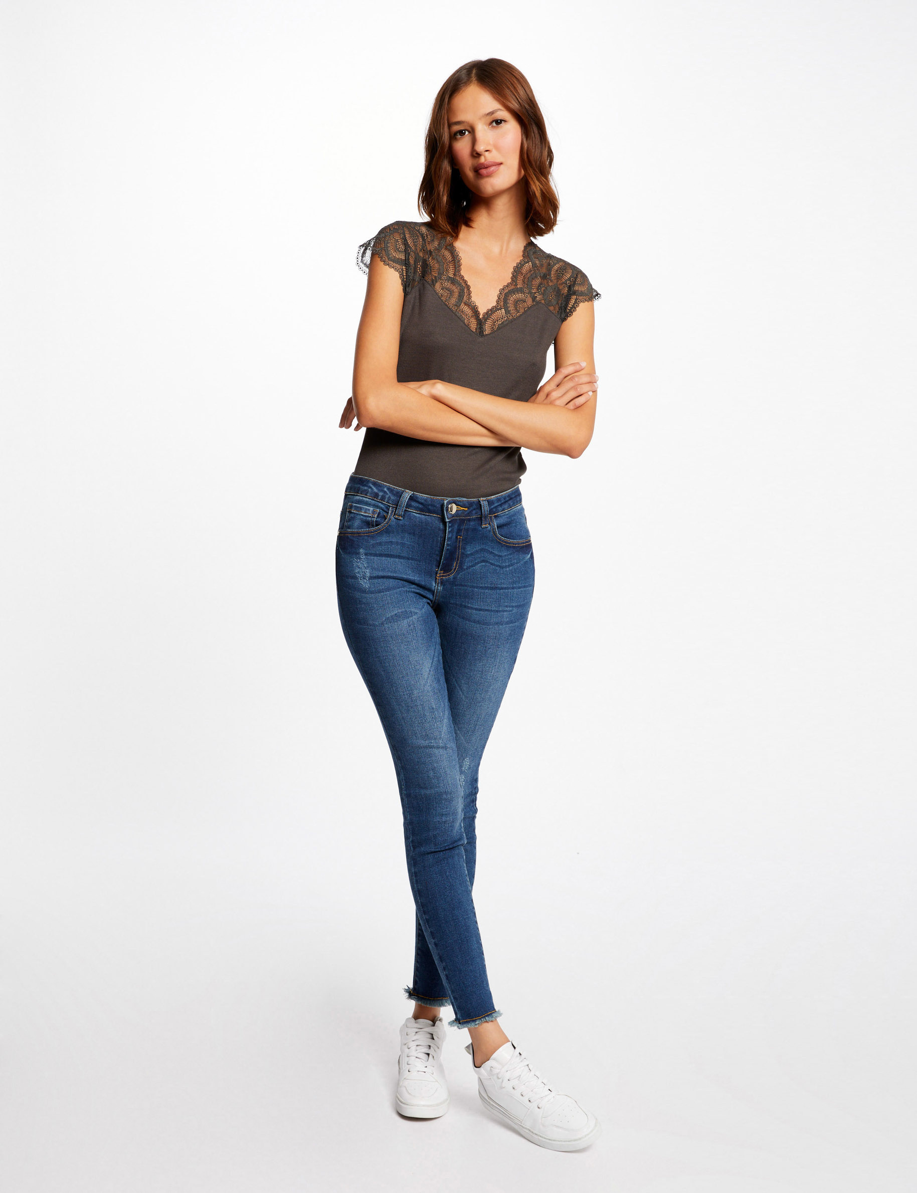 Short-sleeved t-shirt with lace khaki green ladies'