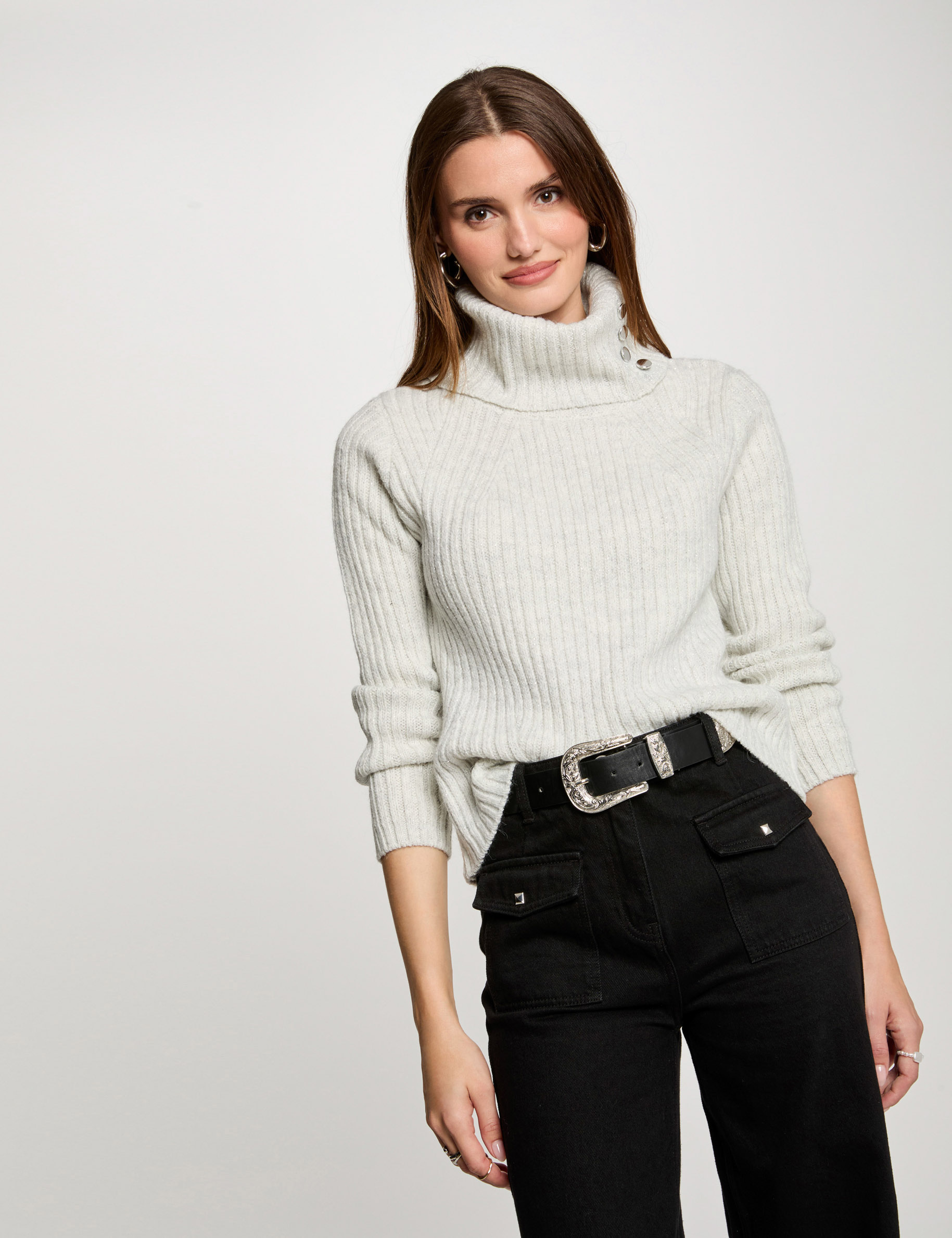 Jumper turtleneck with buttons light grey women Morgan
