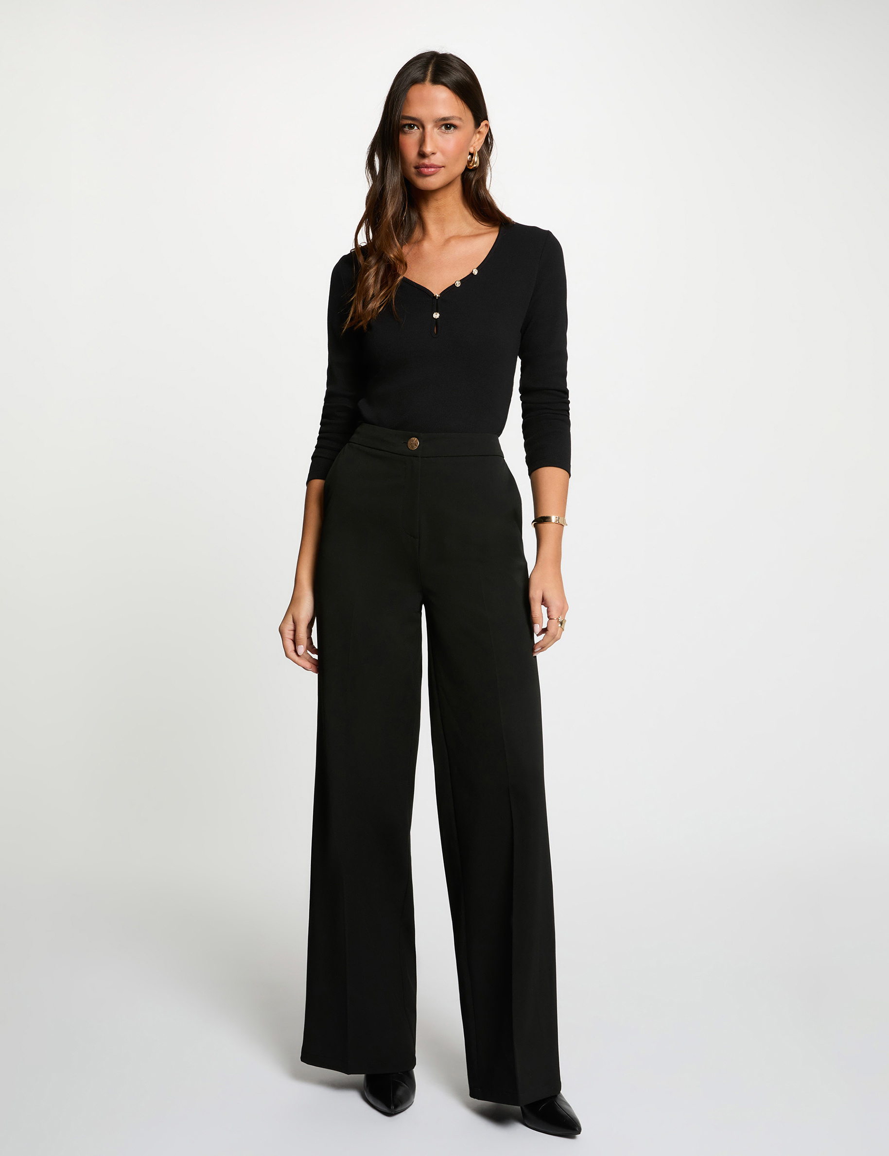 T-shirt col coeur boutonné noir femme