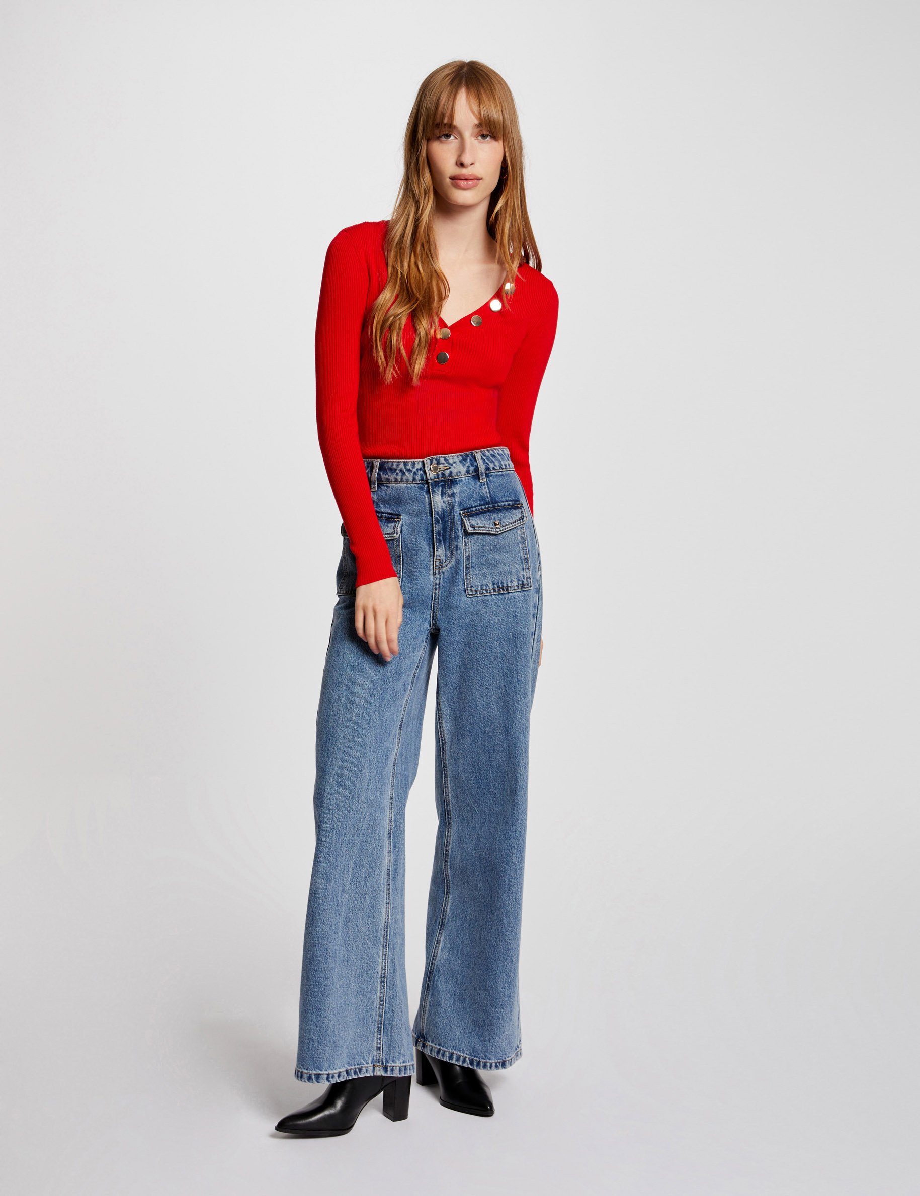 long sleeved jumper buttons fine knit medium red women Long-sleeved jumper buttons fine knit medium red women