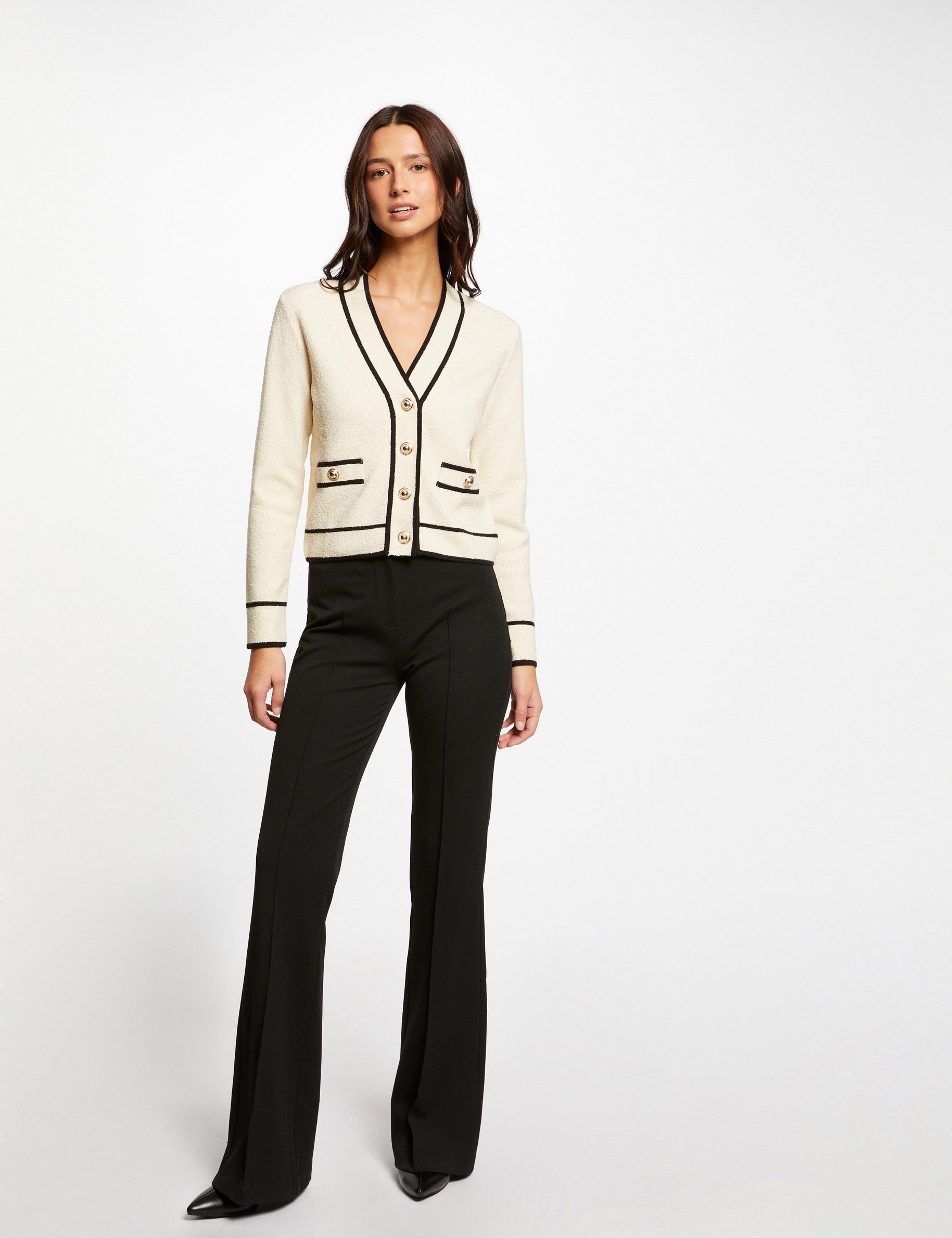 Buttoned cardigan contrasting strips sand ladies'