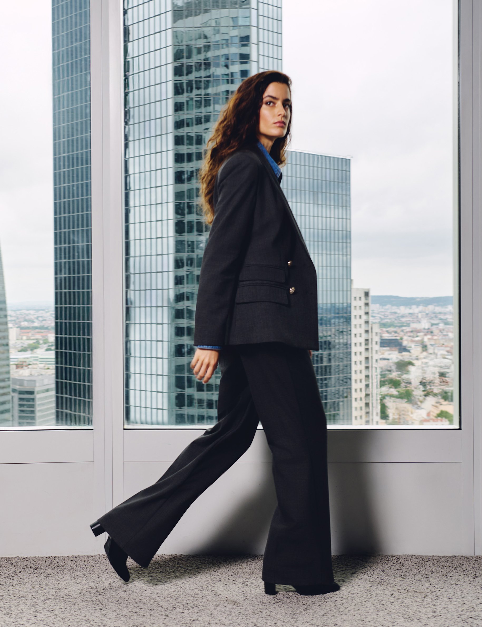 high waisted wide leg trousers mid grey women High-waisted wide-leg trousers mid-grey women