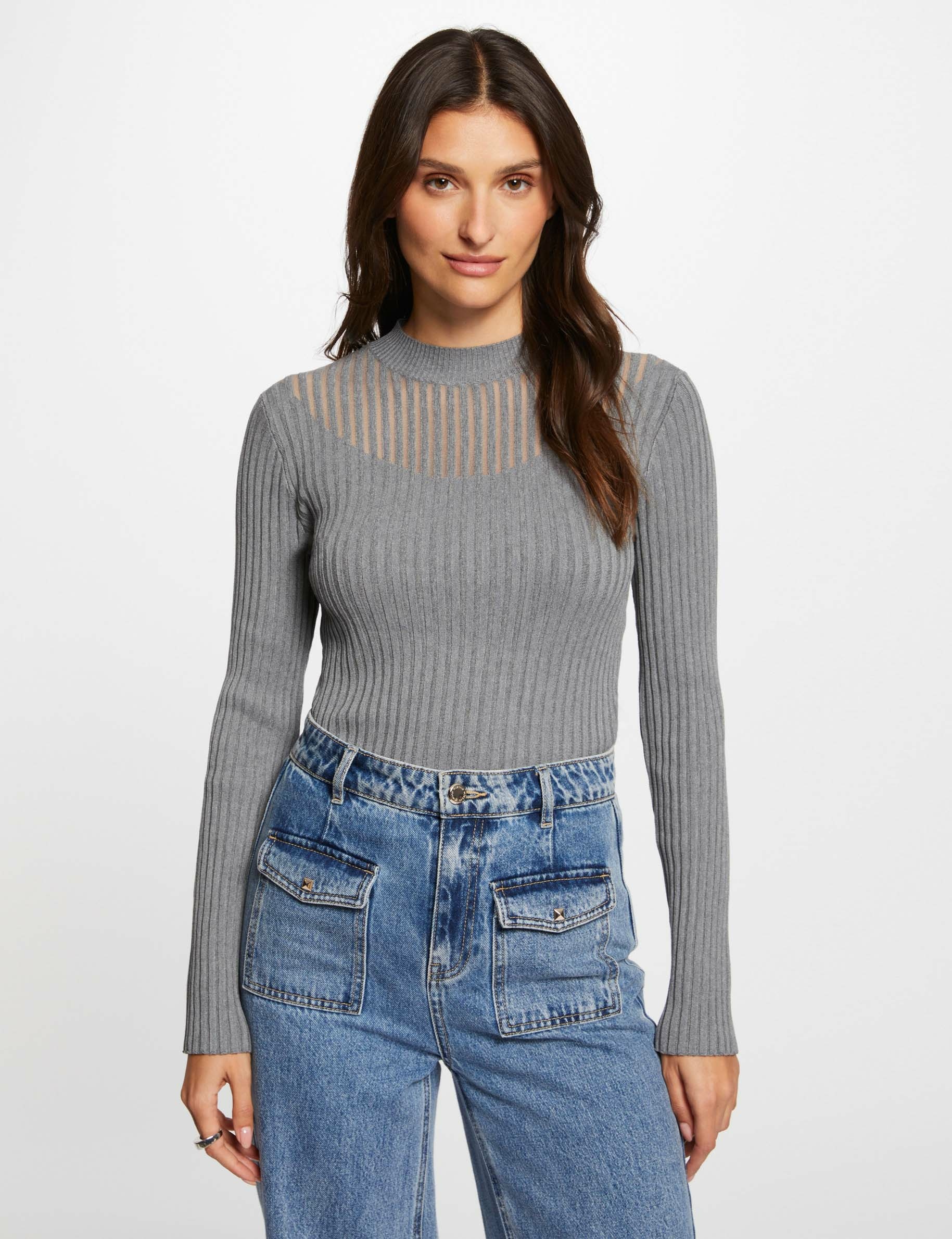 long sleeved jumper with high collar mid grey women Long-sleeved jumper with high collar mid-grey women