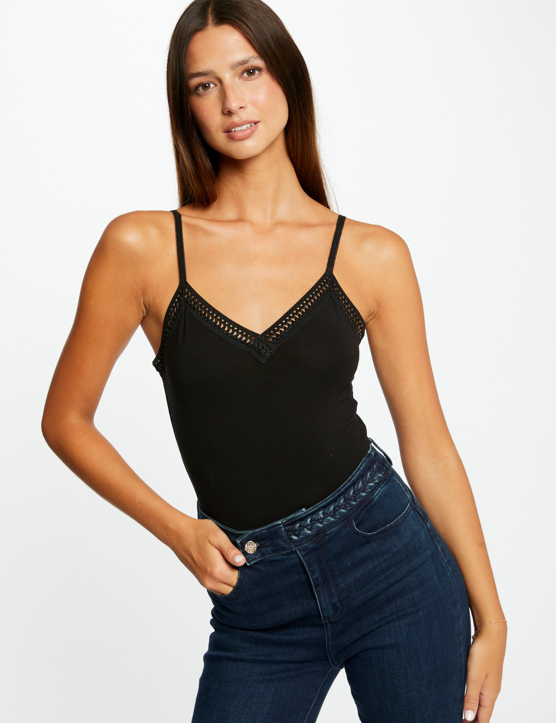 Vest top thin straps with lace strips black ladies