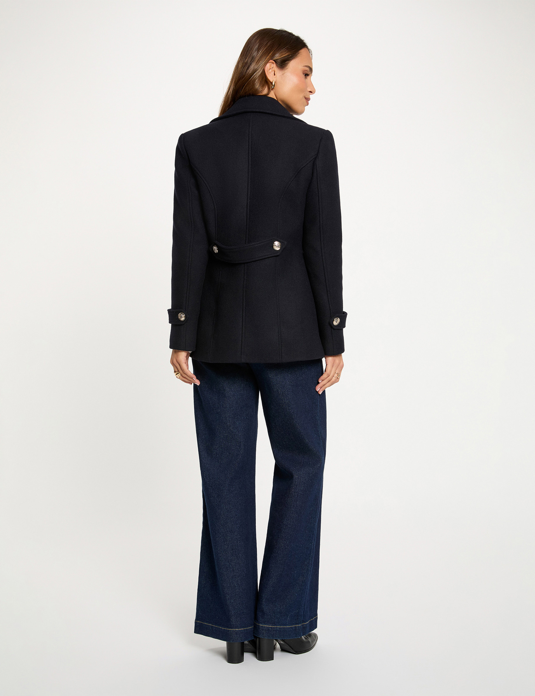 Straight coat with tailored collar navy blue women