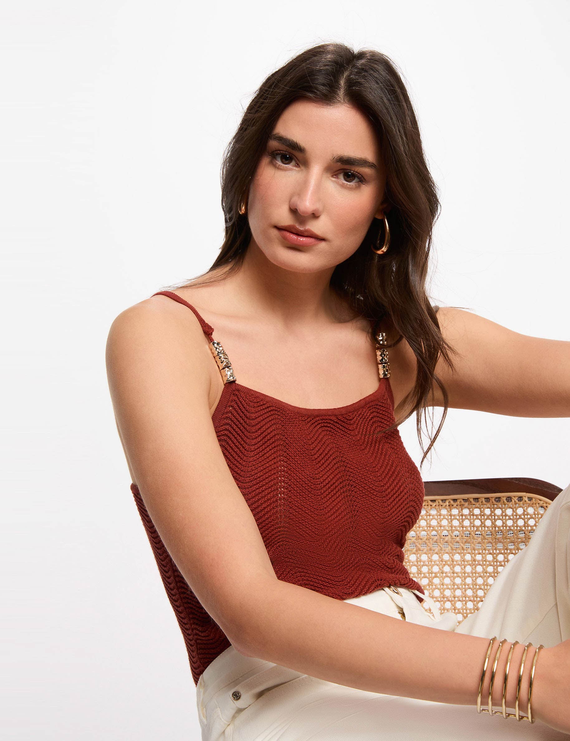 Knitted top thin straps cognac brown women