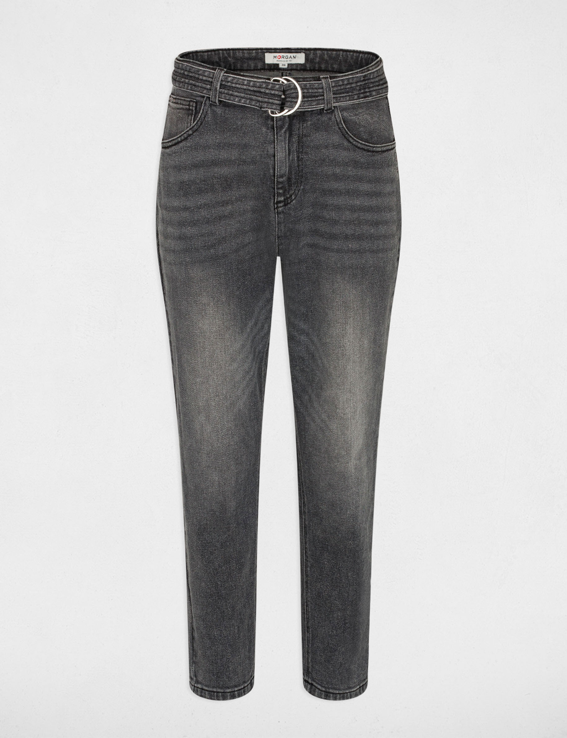 Cropped straight belted jeans mid-grey ladies'