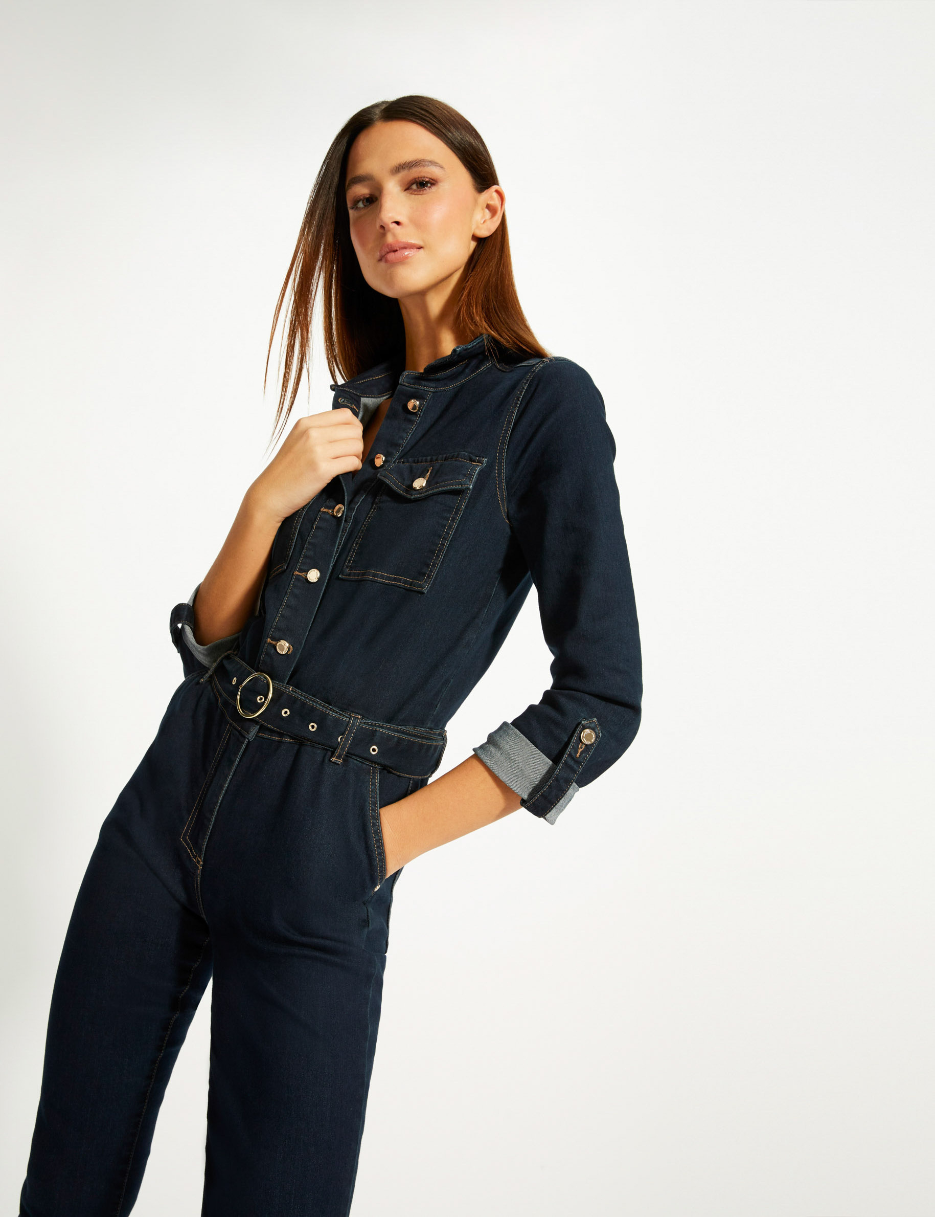 Fitted buttoned denim jumpsuit raw denim ladies'
