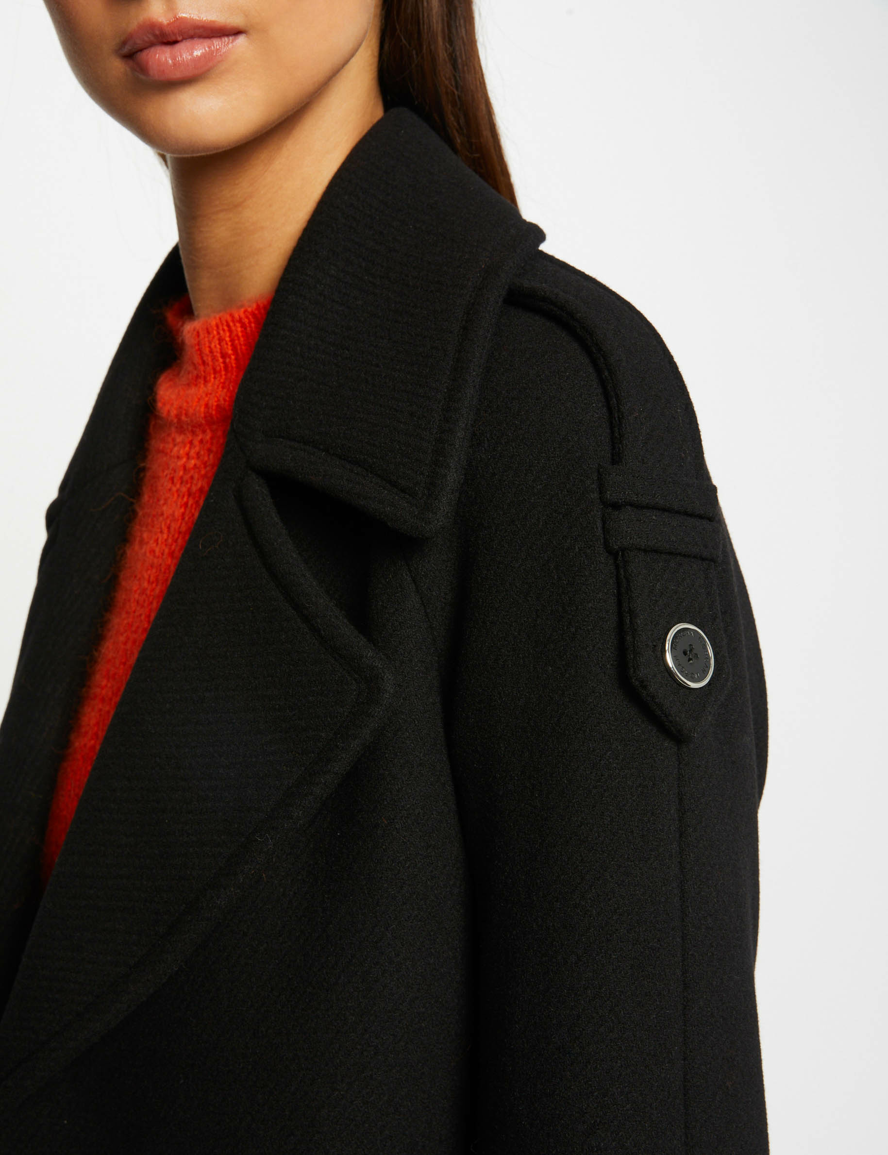 Long waisted coat faux leather details black ladies'