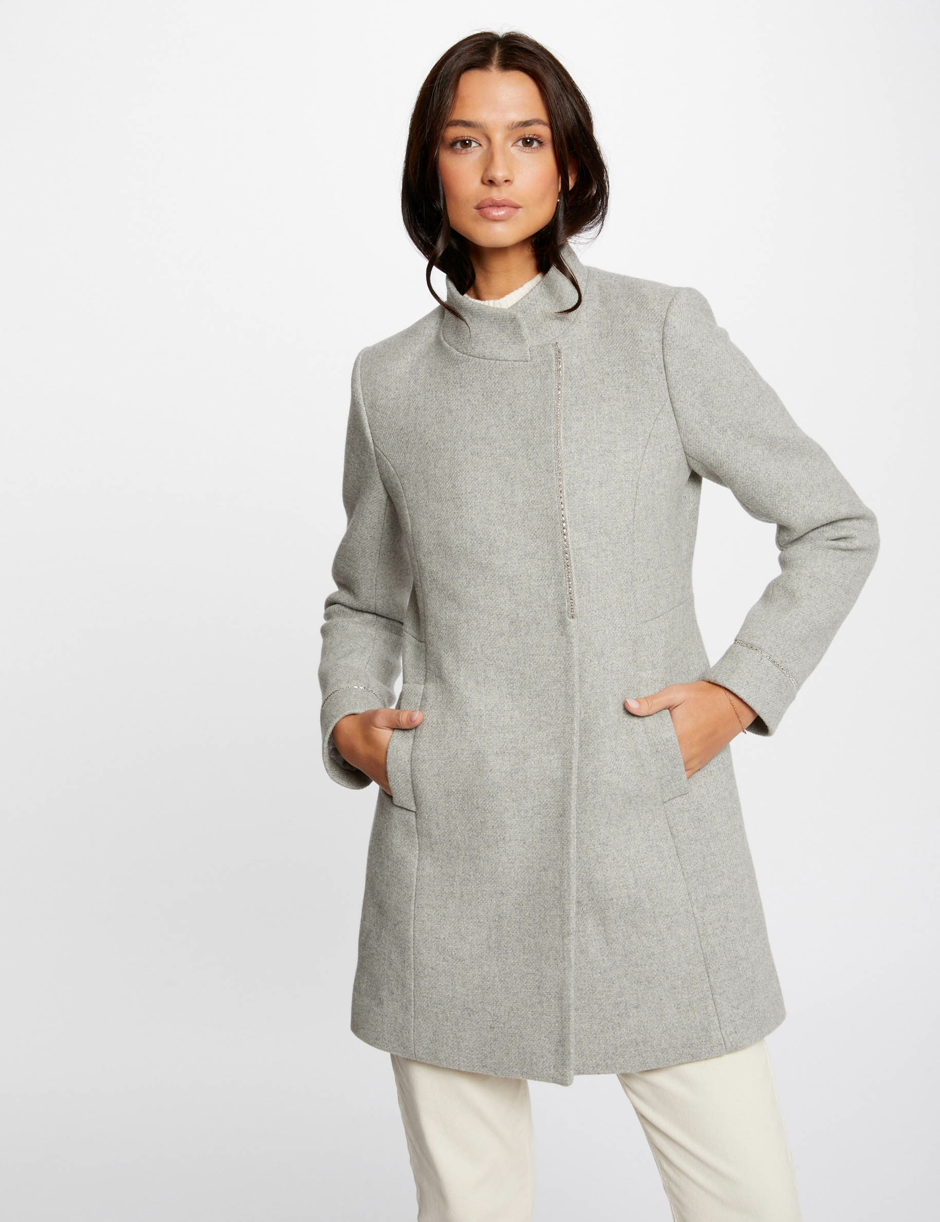 Waisted coat with jewelled details light grey ladies'
