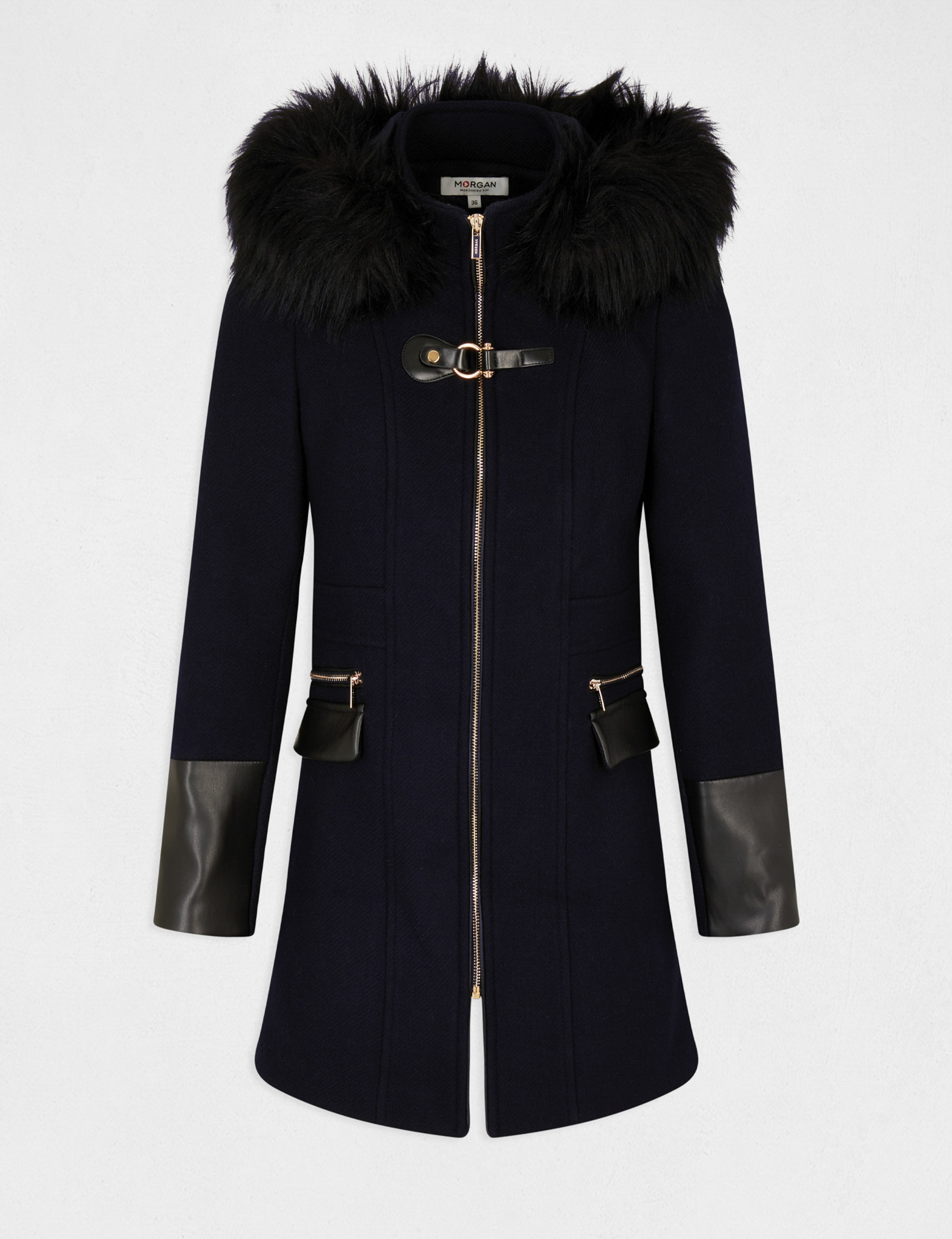 Straight zipped coat with hood navy ladies'