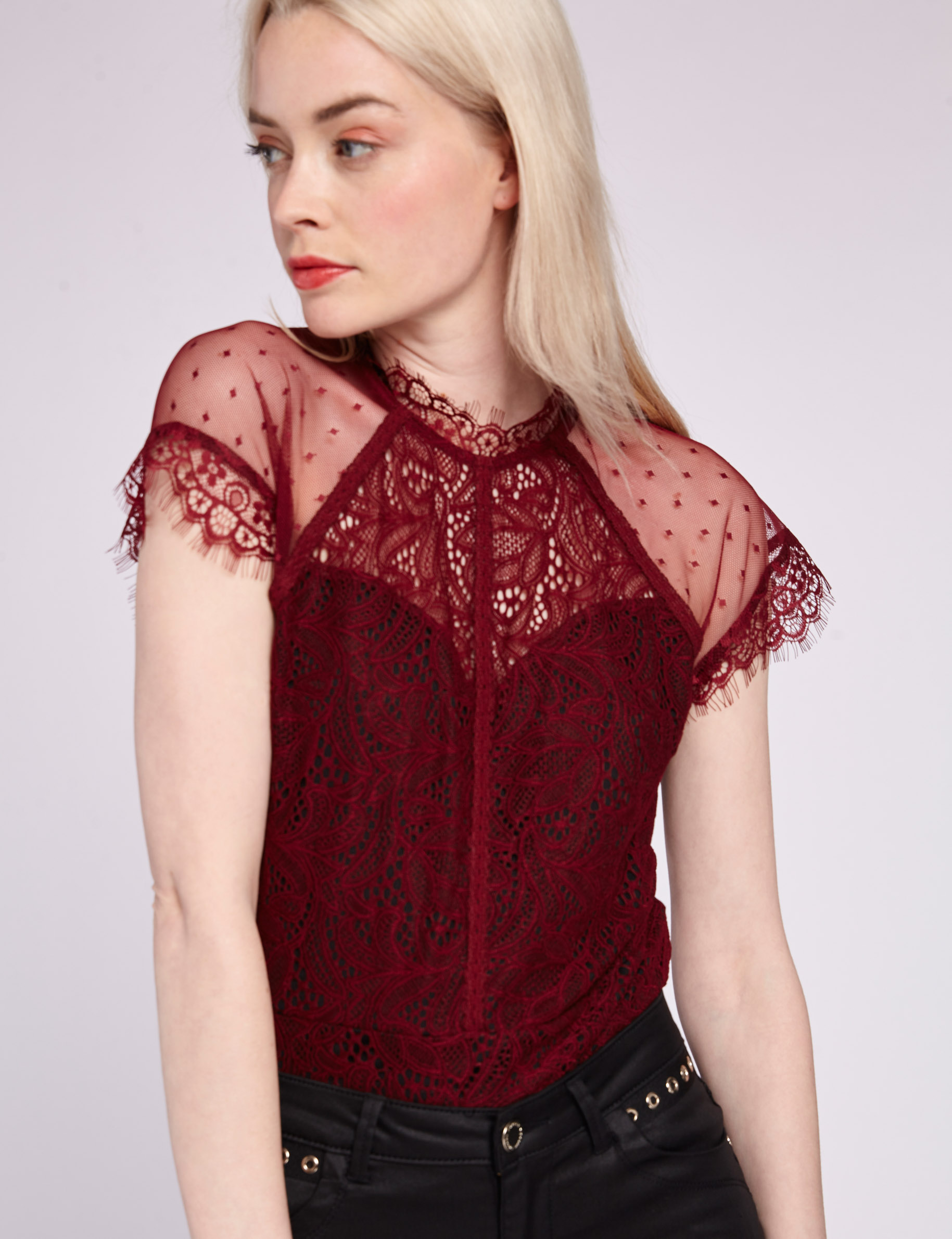 Dobby spot and lace blouse burgundy ladies'