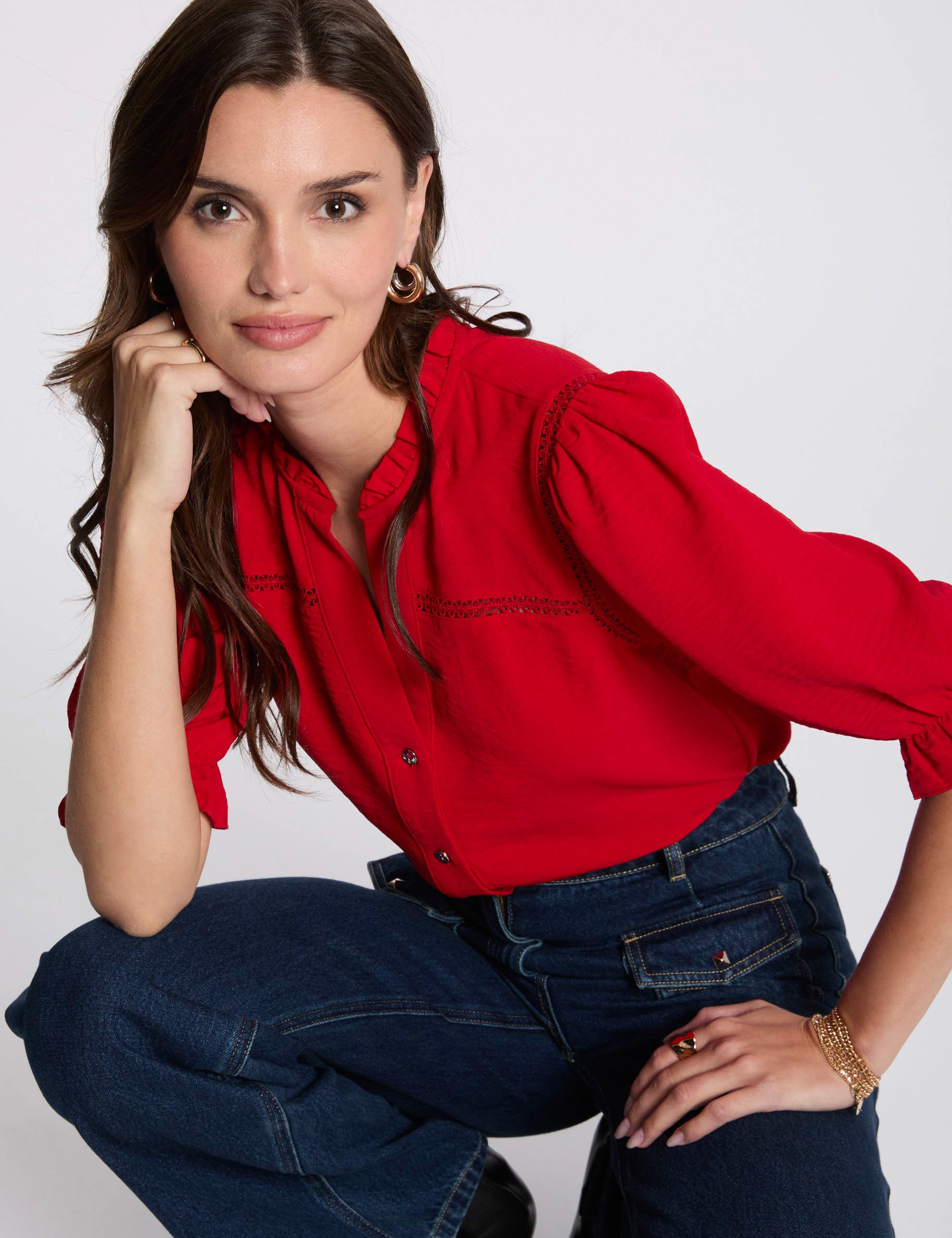 34 length sleeved blouse red women 3/4-length sleeved blouse red women