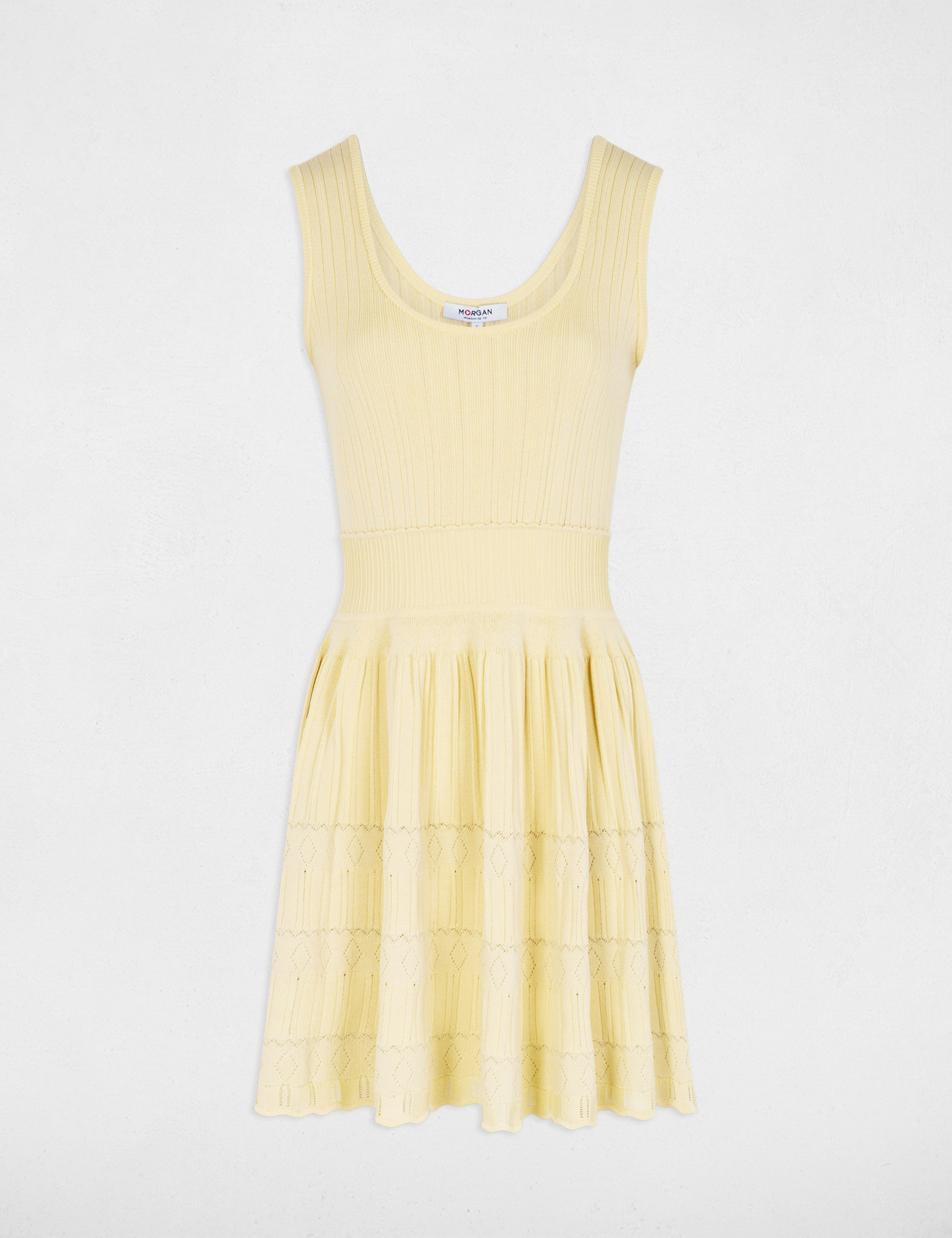 Short knit dress with V-neck pastel yellow women