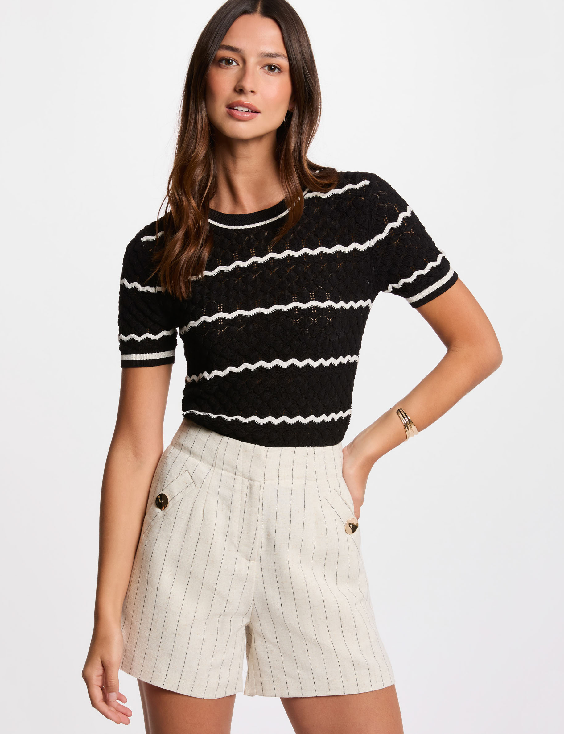high waisted striped shorts beige women High-waisted striped shorts beige women