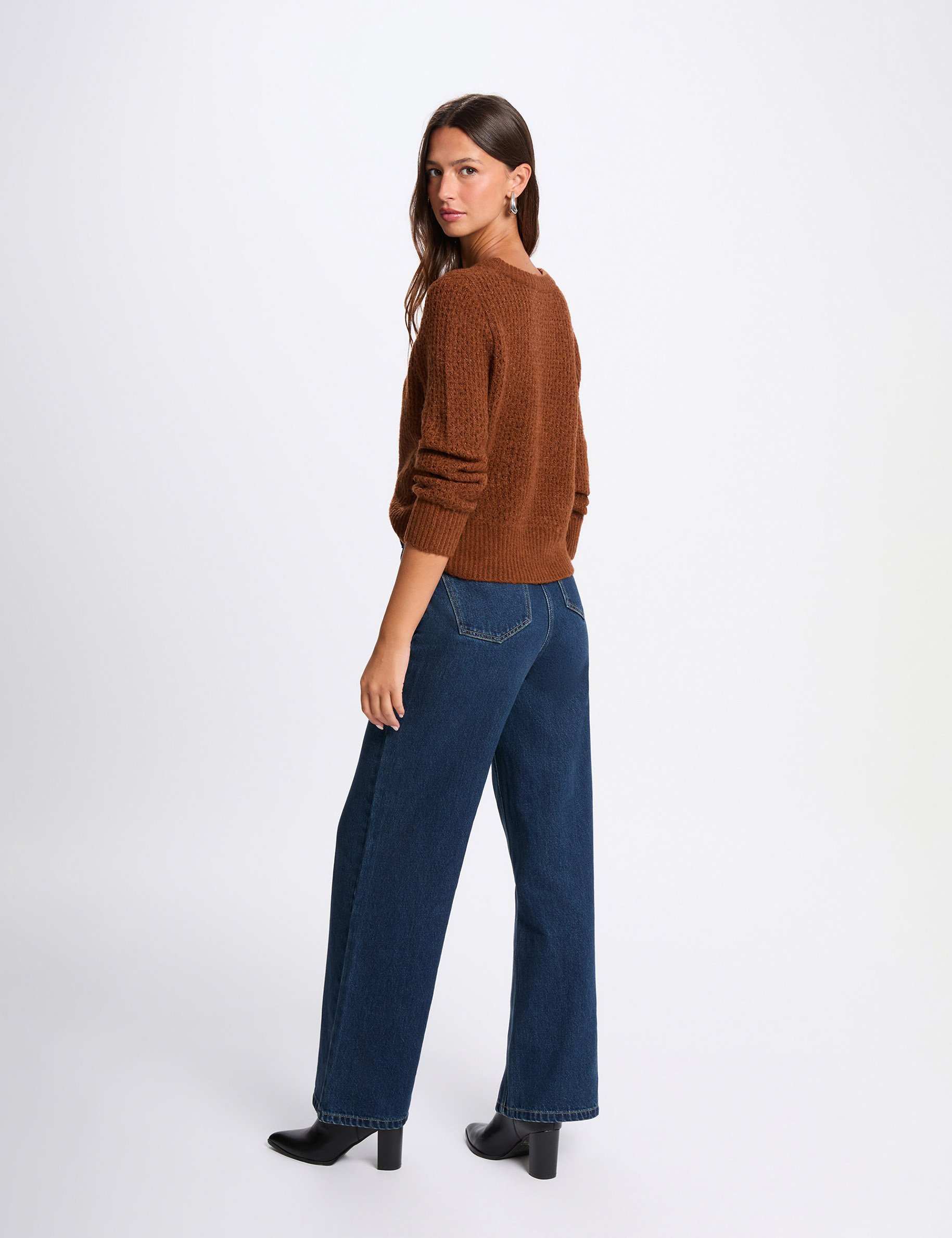 Jumper round neck long sleeves cognac brown women