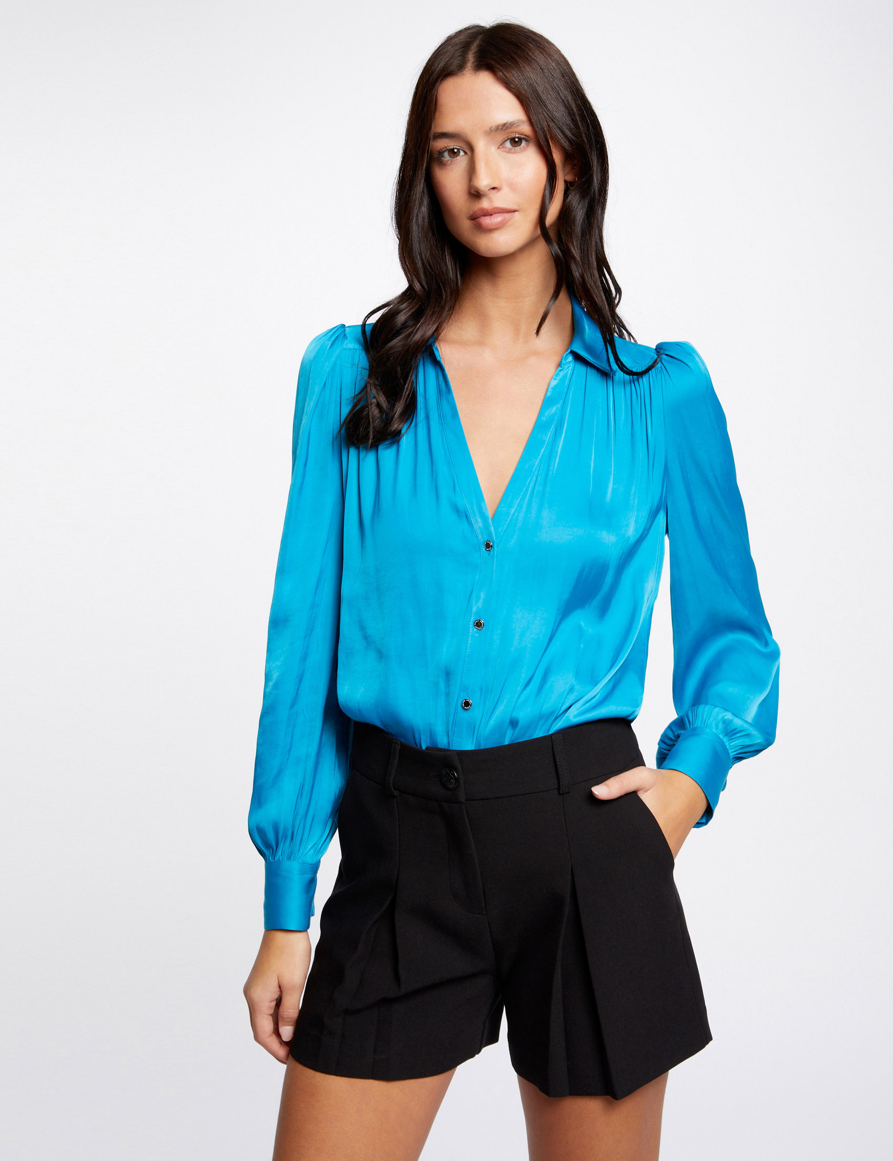 Long-sleeved satin shirt blue ladies'