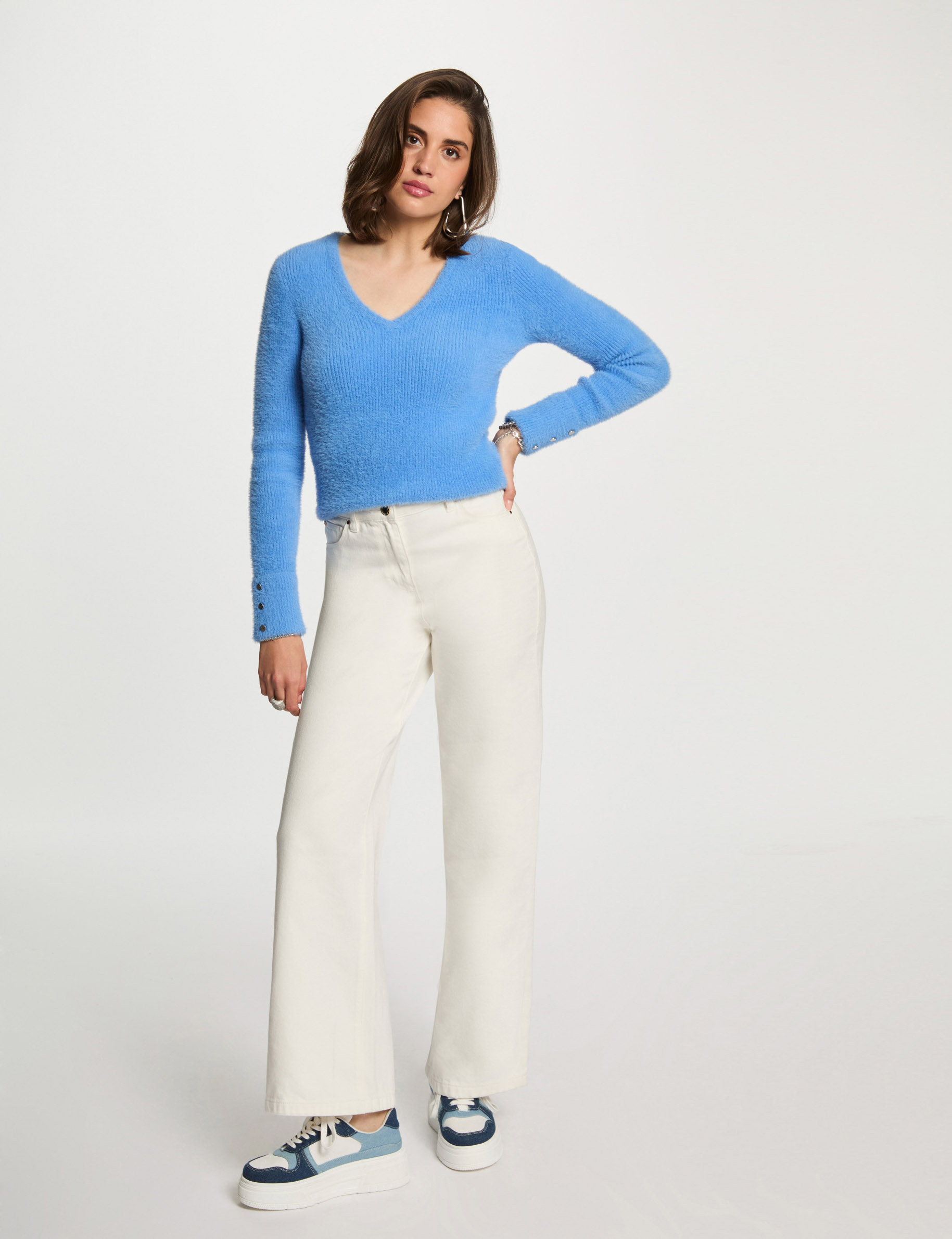 pull manches longues maille duveteuse bleu femme Pull manches longues maille duveteuse bleu femme