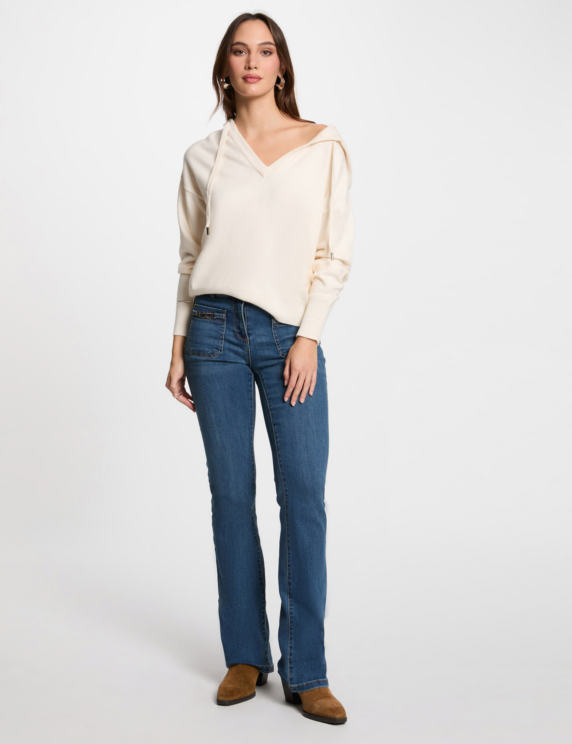 pull col en v a capuche ivoire femme Pull col en V à capuche ivoire femme