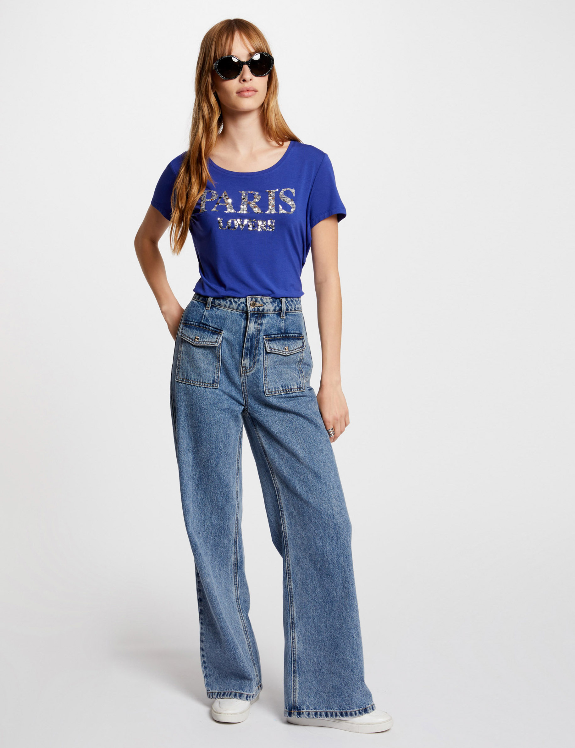 t shirt message and sequins electric blue women T-shirt message and sequins electric blue women