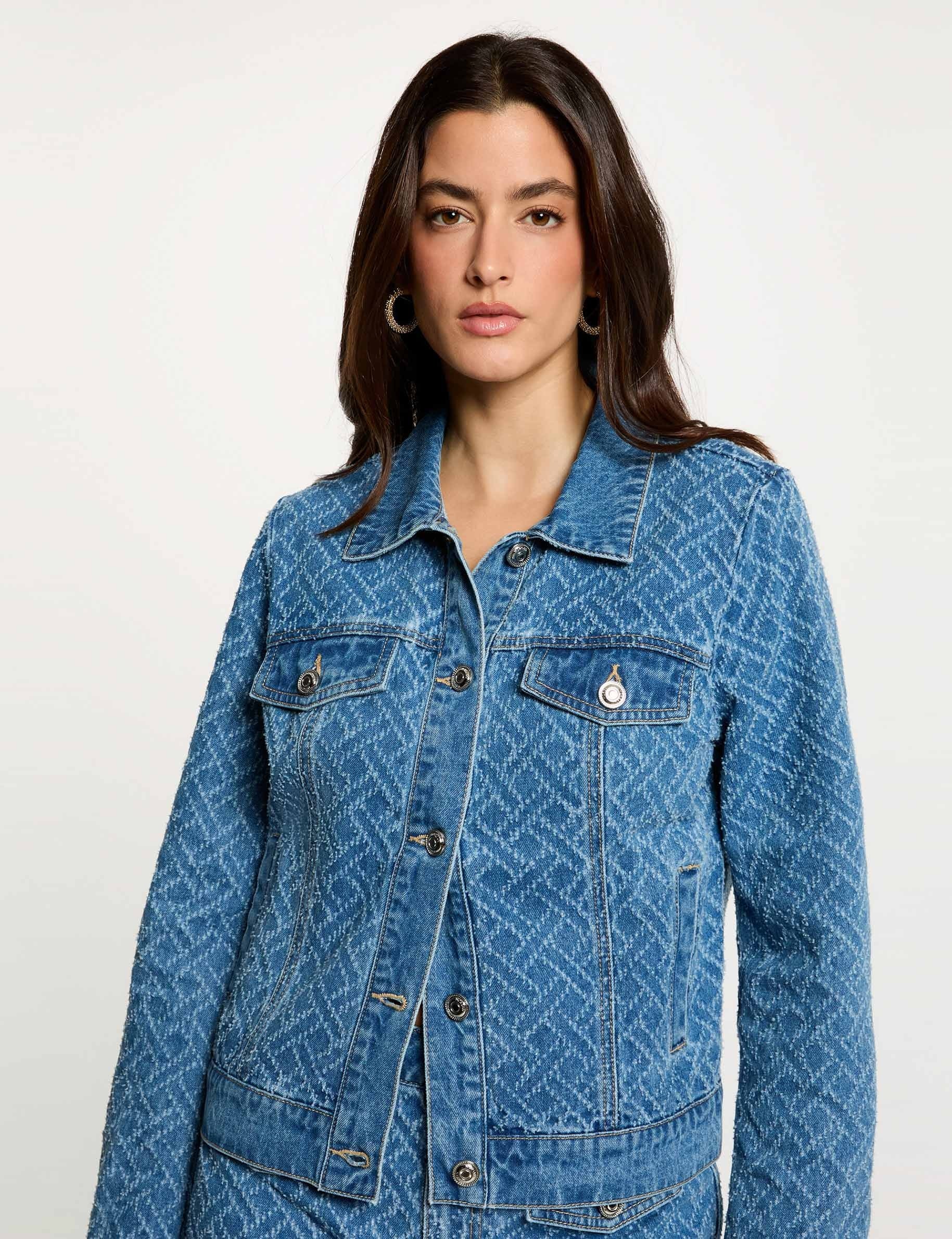 Chevron jacquard jacket denim stone women