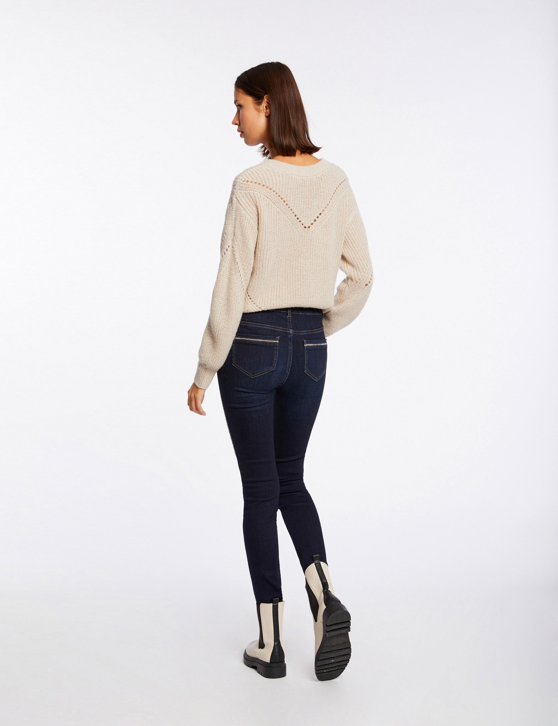 Slim jeans with rhinestones strips raw denim ladies' Slim jeans with rhinestones strips raw denim ladies'