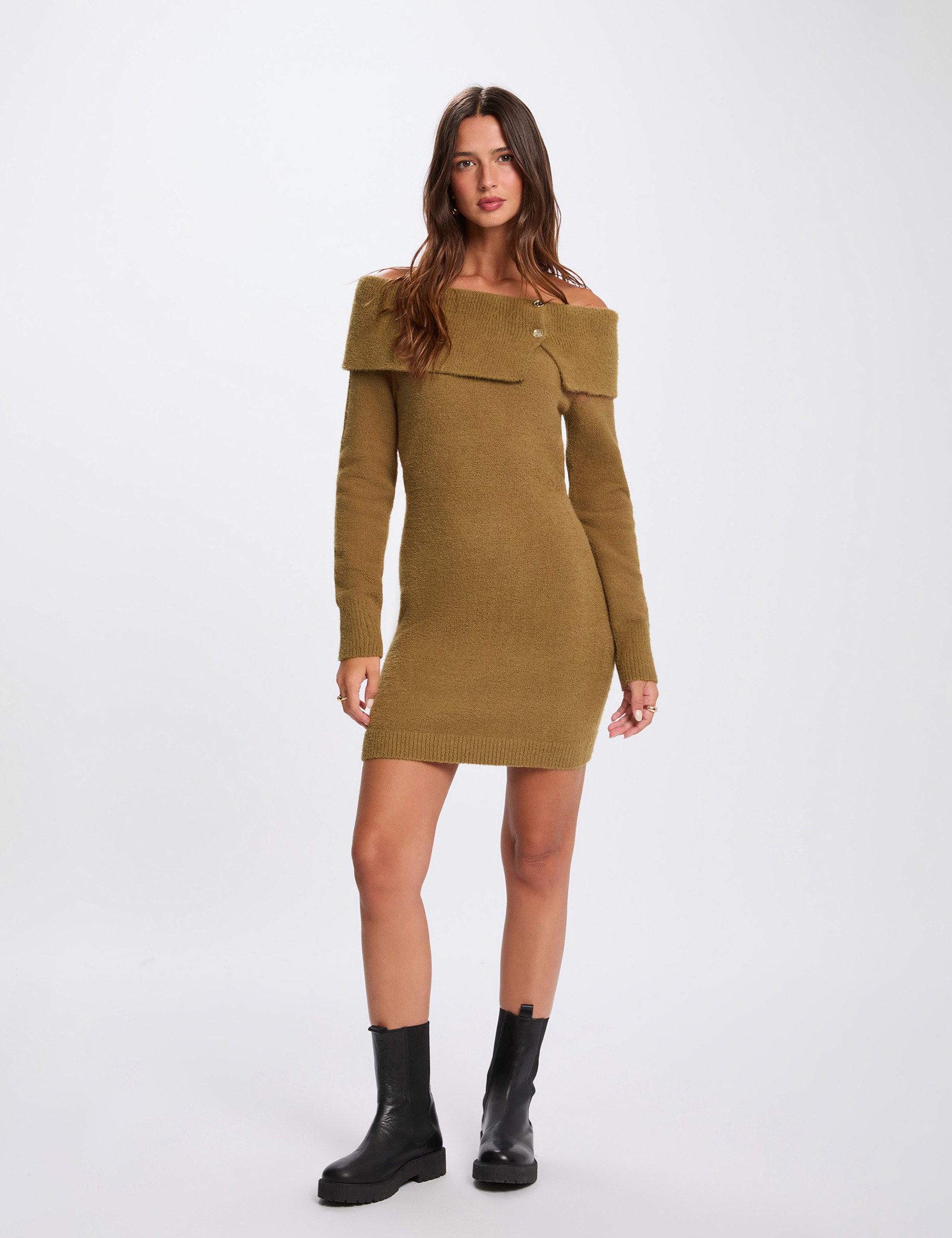 short off the shoulder dress camel women Short off-the-shoulder dress camel women
