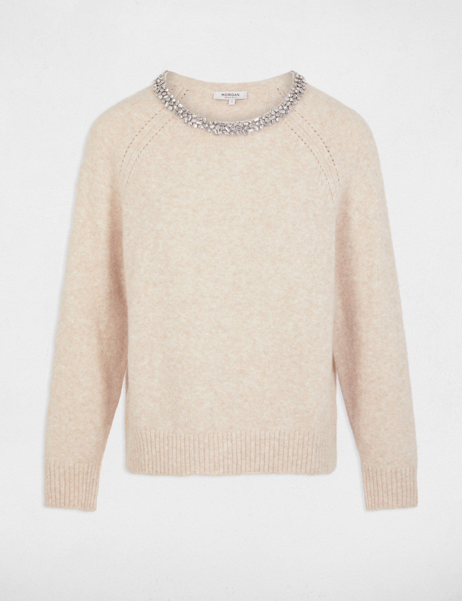 jumper neck jewelled details beige women Jumper neck jewelled details beige women