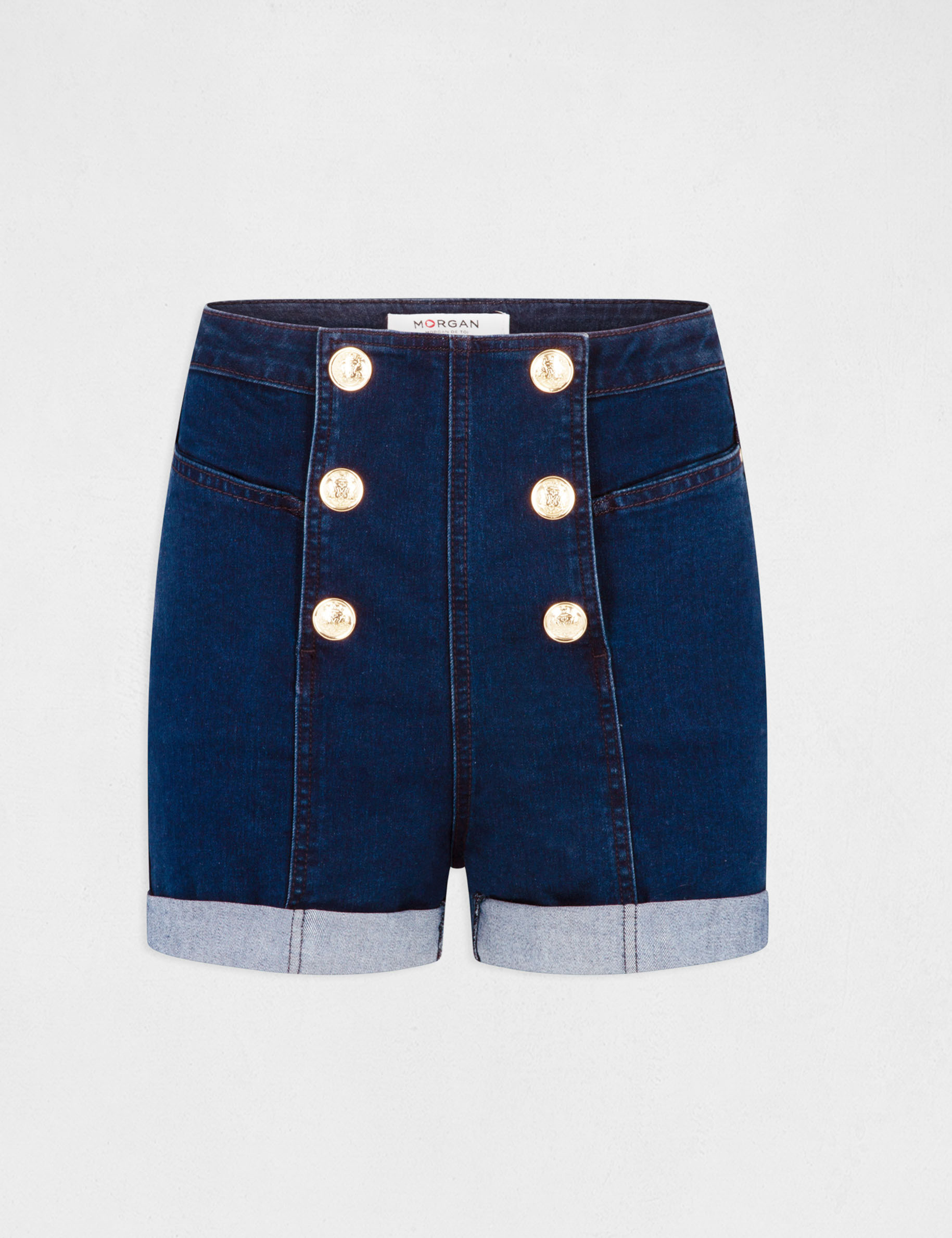 Fitted denim short with buttons raw denim ladies'