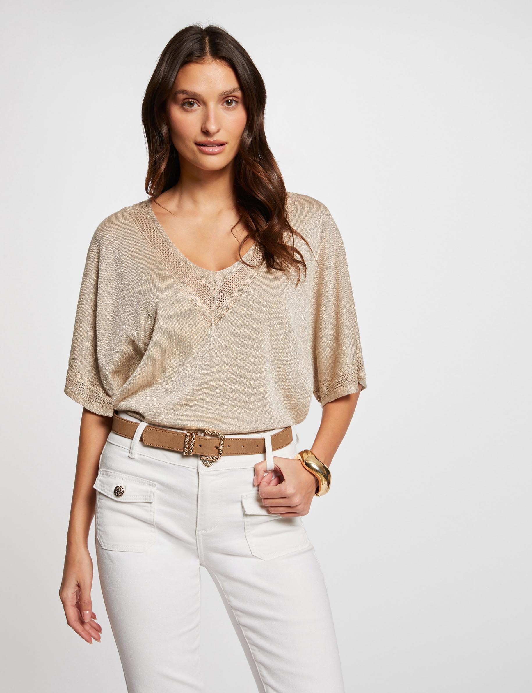 pull col en v manches courtes sable femme Pull col en V manches courtes sable femme
