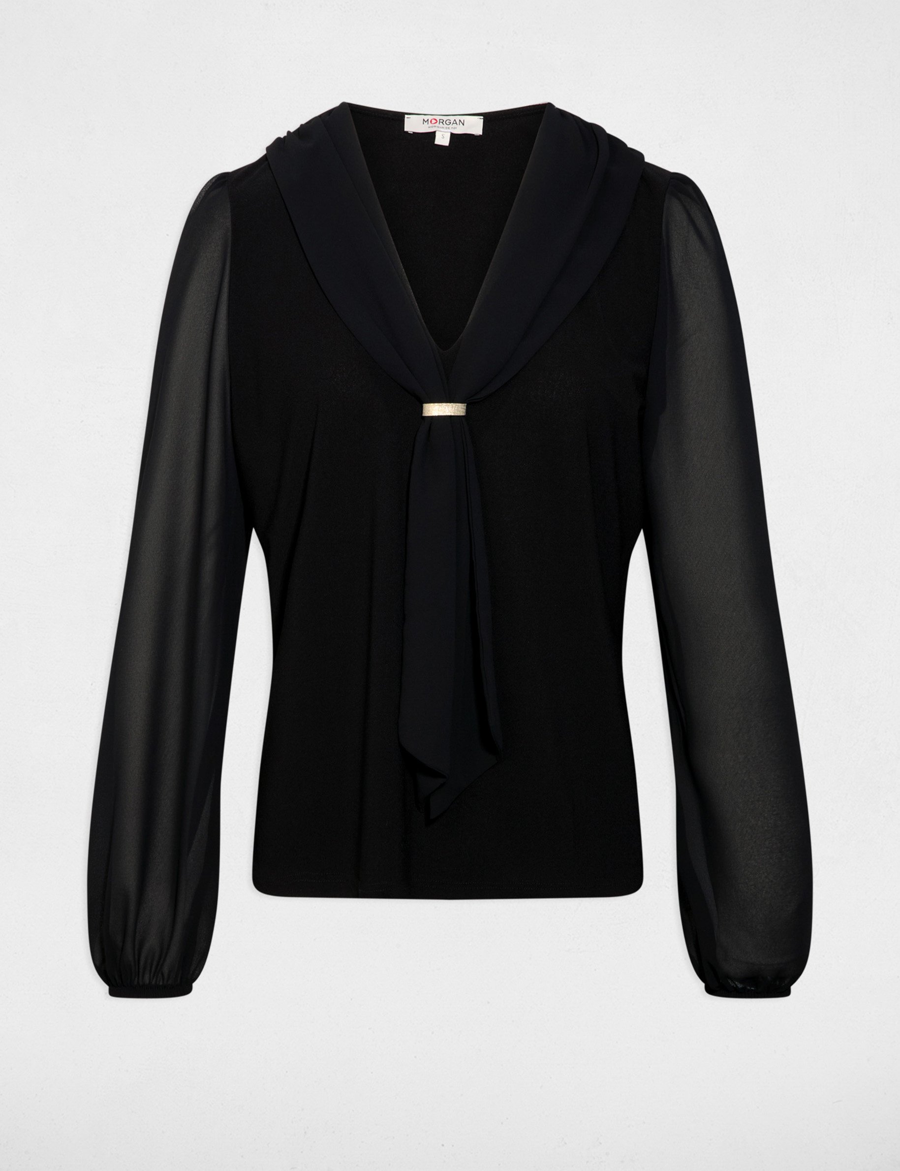 T-shirt voile col lavallière noir femme